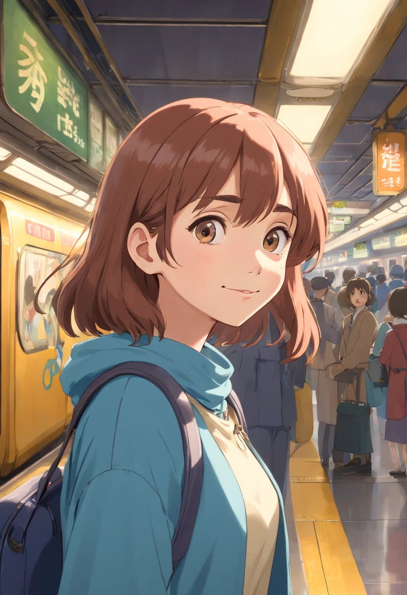 Masterpiece, High Quality, 1girl,, (Masterpiece:1.4), (Best picture quality:1.4), (High Quality:1.4),A girl is staring at you, smiling heartily with a melancholy expression. Detailed and carefully rendered face. The background is a Tokyo subway transfer station..Nausicaa