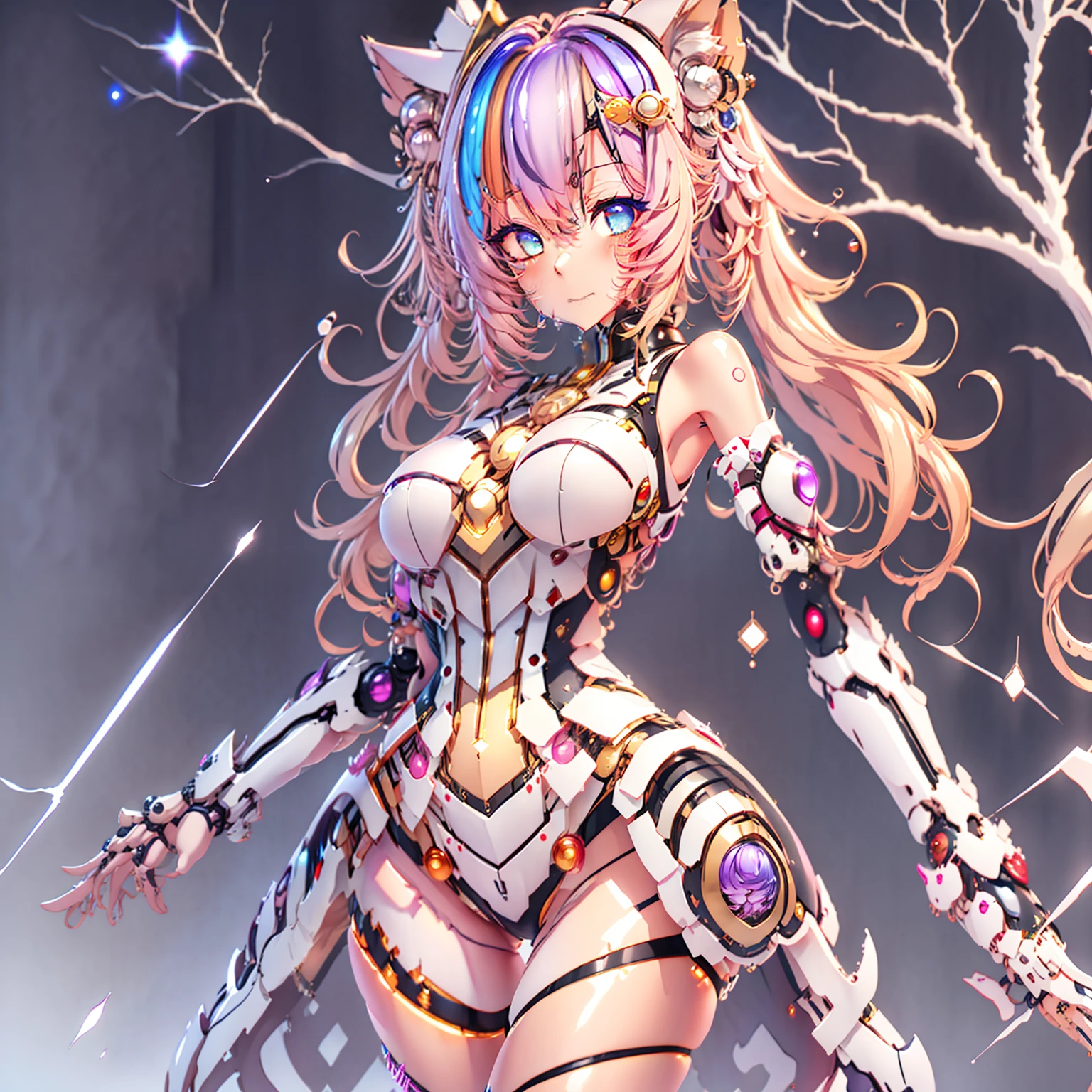 multicolored hair, colored inner hair, gradient hair, ahoge, curly hair, very long hair, bone hair ornament, cat hair ornament, multicolored eyes, empty eyes, dilated pupils, hollow eyes, symbol-shaped pupils, aqua eyes, gradient eyes, amber eyes, colored eyelashes, longeyelashes, fox ears, cat ears, smile, shy, Surrealism, anime, sparkle, glowing light, jpeg artifacts, first-person view, cowboy shot, 8k, super detail, 16k, 8k, best quality, high quality, super detail, masterpiece,