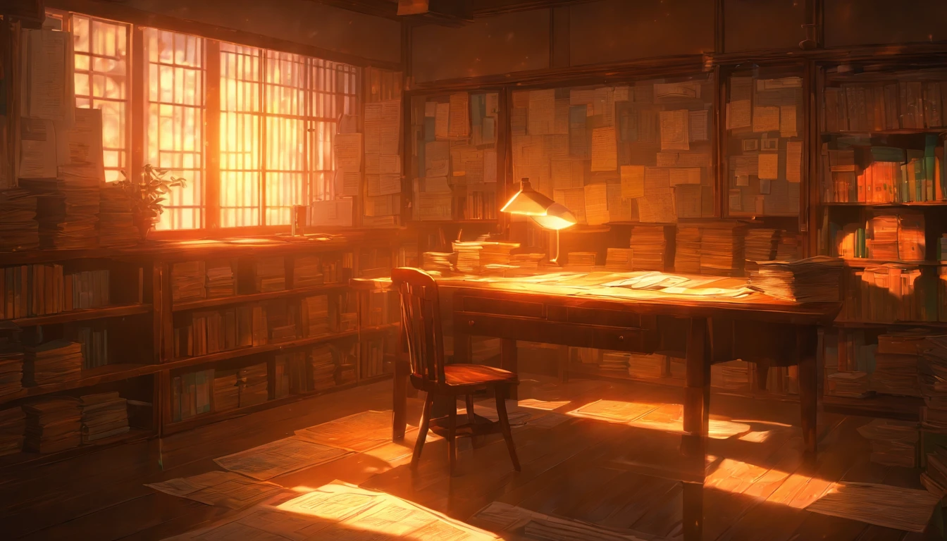 A dimly lit room within the Department of National Security. In the scene, there is a large oak desk prominently featured, and it is covered in a multitude of classified documents. The only source of illumination in the room is a single desk lamp, casting a soft and eerie glow onto the papers. Ensure that the image is in 8K resolution and exhibits photorealistic details, including the texture of the wooden desk, the intricate patterns on the documents, and the interplay of shadows and light. Make use of high
