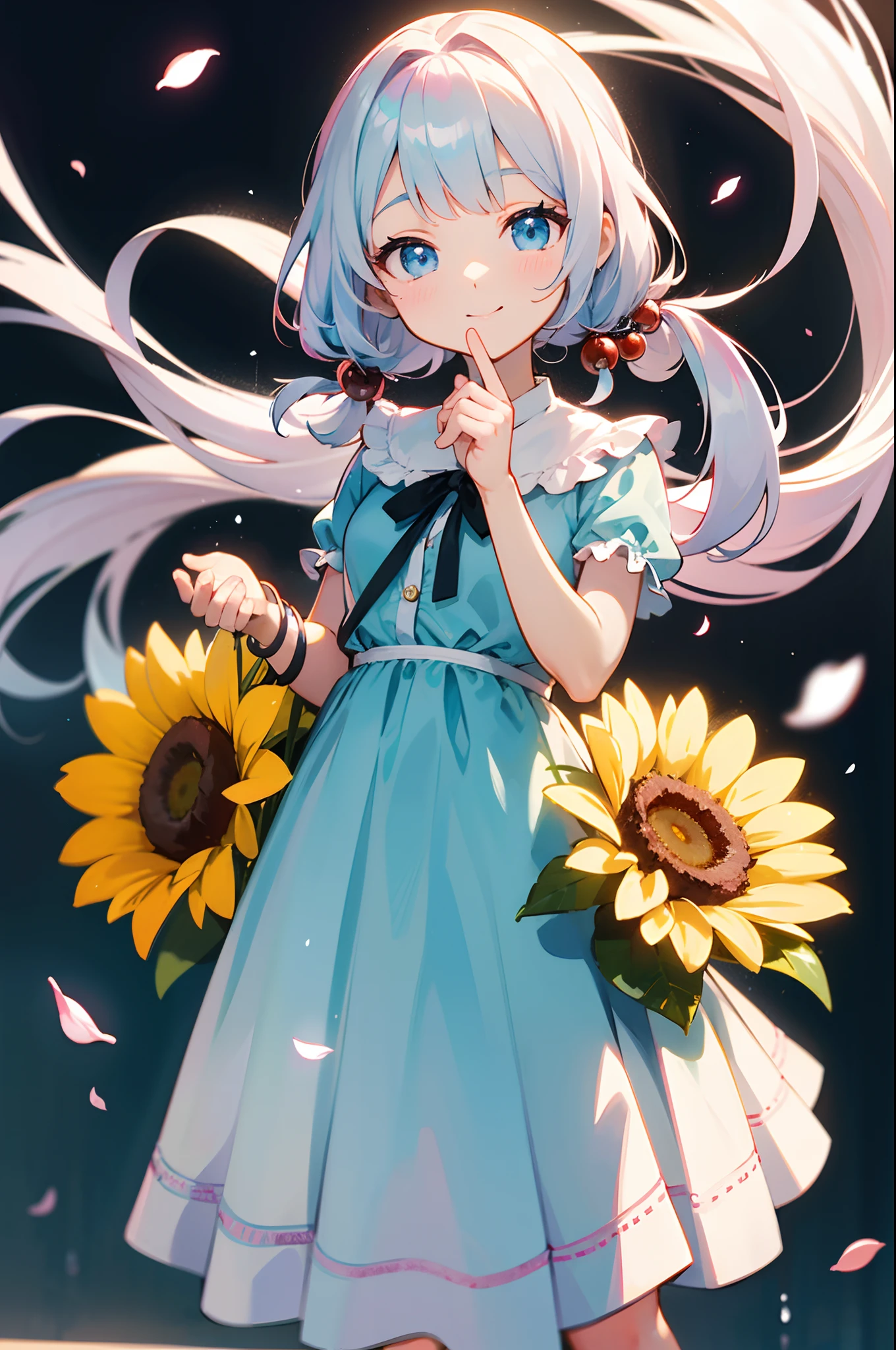 photoRealstic、Doll standing in front of the painting（nendroid）、A smile、Water droplets on the cheeks、In a cute pose、watercolor Nendoroid、(High Definition Figure)、Flowing iridescent silk、up of face、Eye Up、Floral dress、Making a heart with both hands、There are also flowers in front of the nendroids、flower petals、season!!: 夏天☀ 🍂