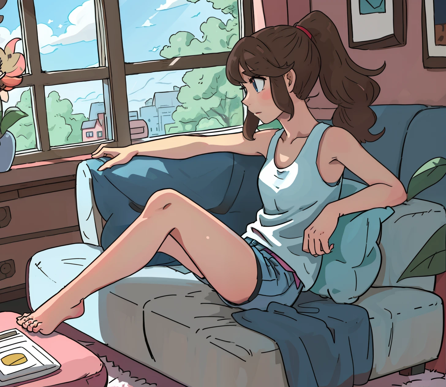 [hilda_(Pokemon)], ((High quality)), ((HD)), ((detailed shading)), ((beautiful solo portrait)), ((front view)), ((full body)), ((anime girl)), ((intricate details)), {attractive, (brown hair), (long ponytail), (beautiful blue eyes), (expressionless), beautiful feet, beautiful legs, beautiful lips}, {(white tank top), (pink lounge shorts)}, {(on couch), (laying on side)}, [background; (living room), (window), (sunny blue sky)]