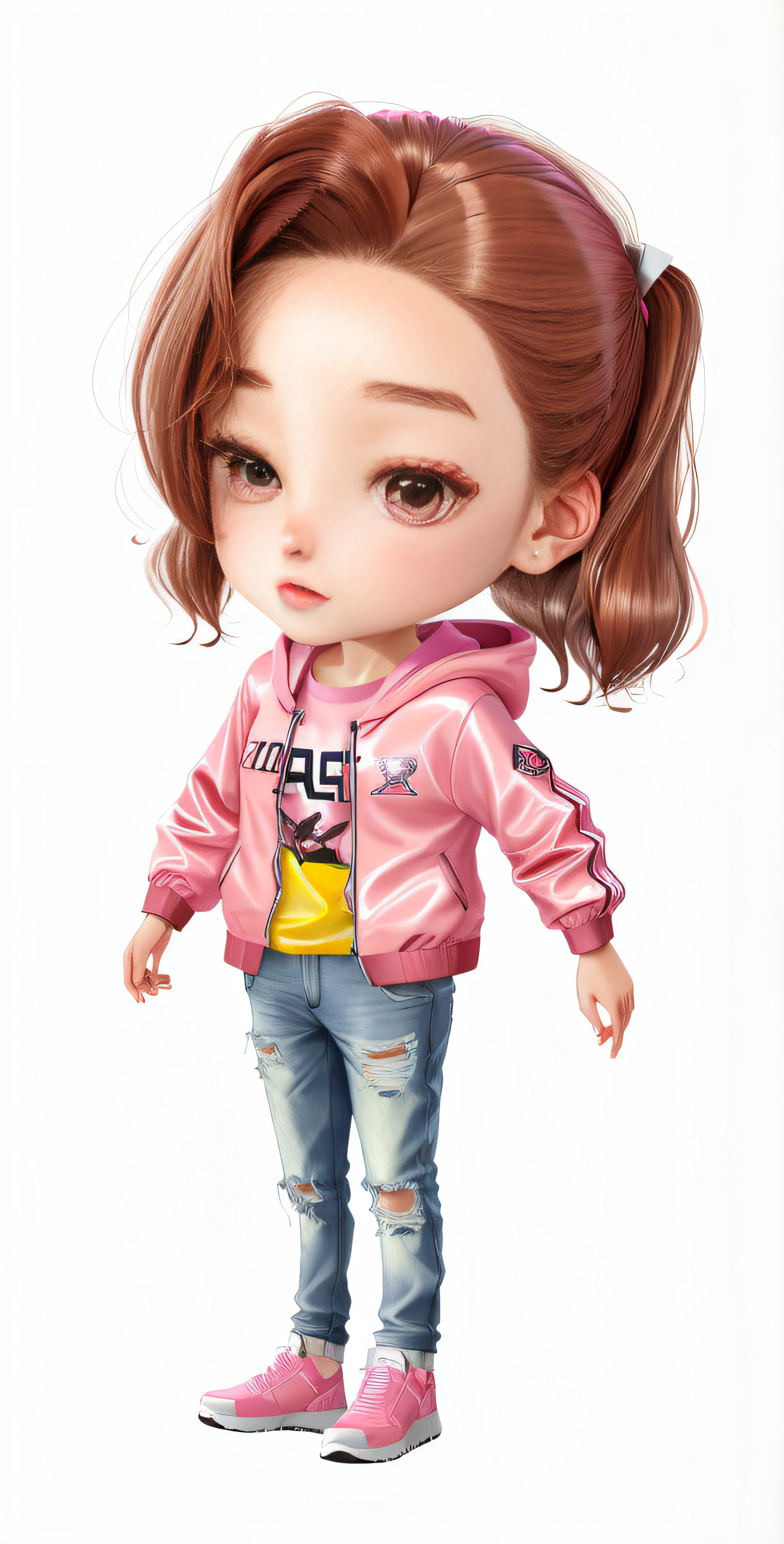 Girl with brown hair and pink jacket,