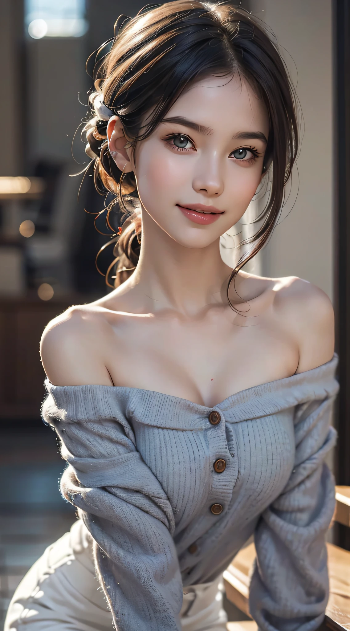 1ung girl, very beautiful, very clean, beautiful face, beautiful eyes, smiling, ((Off-shoulder with very loose chest:1.2)), beautiful large breasts, Bare Shoulders, no bra, miniskirt, upper body, (best quality:1.4), 8k resolution, ultra high res, (photorealistic, high resolution:1.4), Raw photo, (realistic, photo-realistic:1.37), professional photography, cinematic light, (fine face: 1.2),