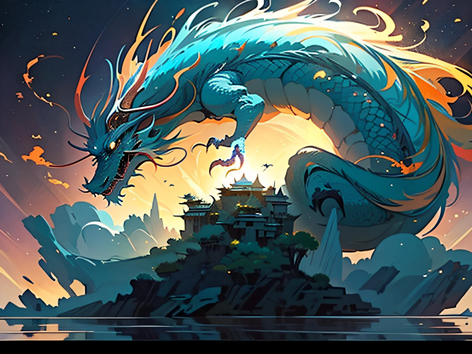 Masterpiece, High image quality, Dynamic cartoon style, Inspired by the classics of the mountains and the sea, (Chinese mythological dragon:1.5), Beast image, Highly saturated, Blue-green scales,Golden Horn,feater,wingspan,Sharp eyes, (full moon: 1.2), (meteors: 0.9), (Starcloud: 1.3), Far Mountain, Tree BREAK Production Art, ( Warm light source: 1.2), (Firefly: 1.2), lamp lights, Purple and orange, Intricate details, Break the volume lighting (Masterpiece: 1.2), (Highest quality), 8K, Ultra detailed, (Set dynamics: 1.4), Highly detailed and colorful details (glitters: 1.2), (Bright lighting, Atmospheric lighting),