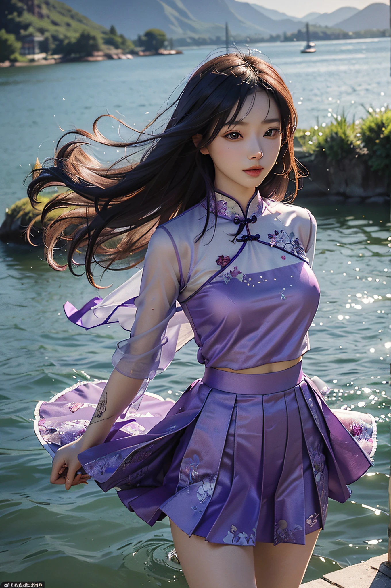 Chinese beauty in purple,Refined looks,Fairy air fluttering,The gauze skirt flew up,Take photos by the lake,ultra-realistic realism,color field printing,high detal,hyper HD,anatomy correct,cinematic lighting 4d quality