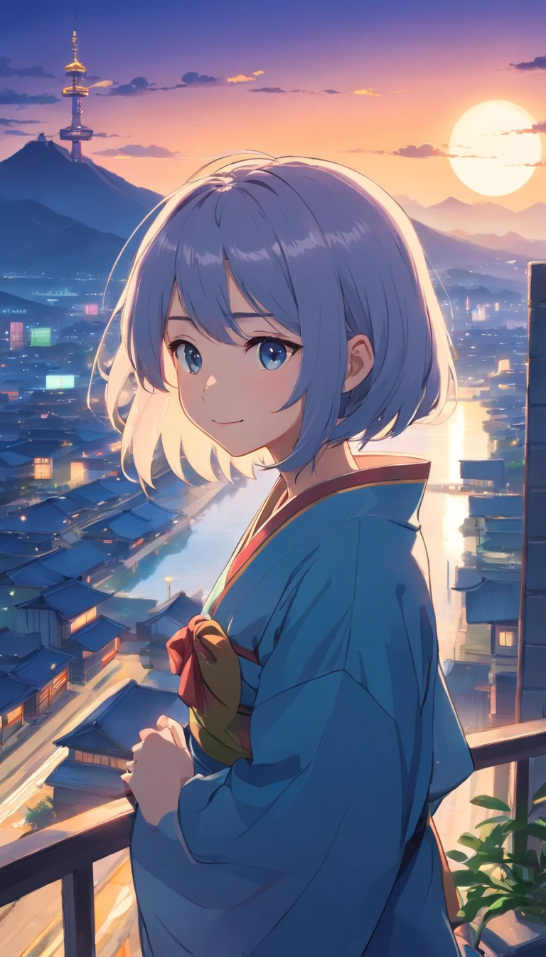 Best quality at best，tmasterpiece，The is very detailed，Face details，8K, detailed back ground，1girll，独奏，Silver hair，eBlue eyes，，long whitr hair，wavey hair，voluminous hair，，，Blushlush，ssmile，Shawl，Chinese city，Chinese service，the night，themoon，scenecy，high place，horizon，ventania，wind blown，flowerbed，looking at viewert