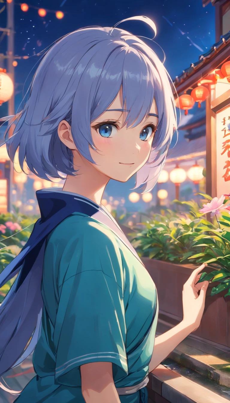 Best quality at best，tmasterpiece，The is very detailed，Face details，8K, detailed back ground，1girll，独奏，Silver hair，eBlue eyes，，long whitr hair，wavey hair，voluminous hair，，，Blushlush，ssmile，Shawl，Chinese city，Chinese service，the night，themoon，scenecy，high place，horizon，ventania，wind blown，flowerbed，looking at viewert