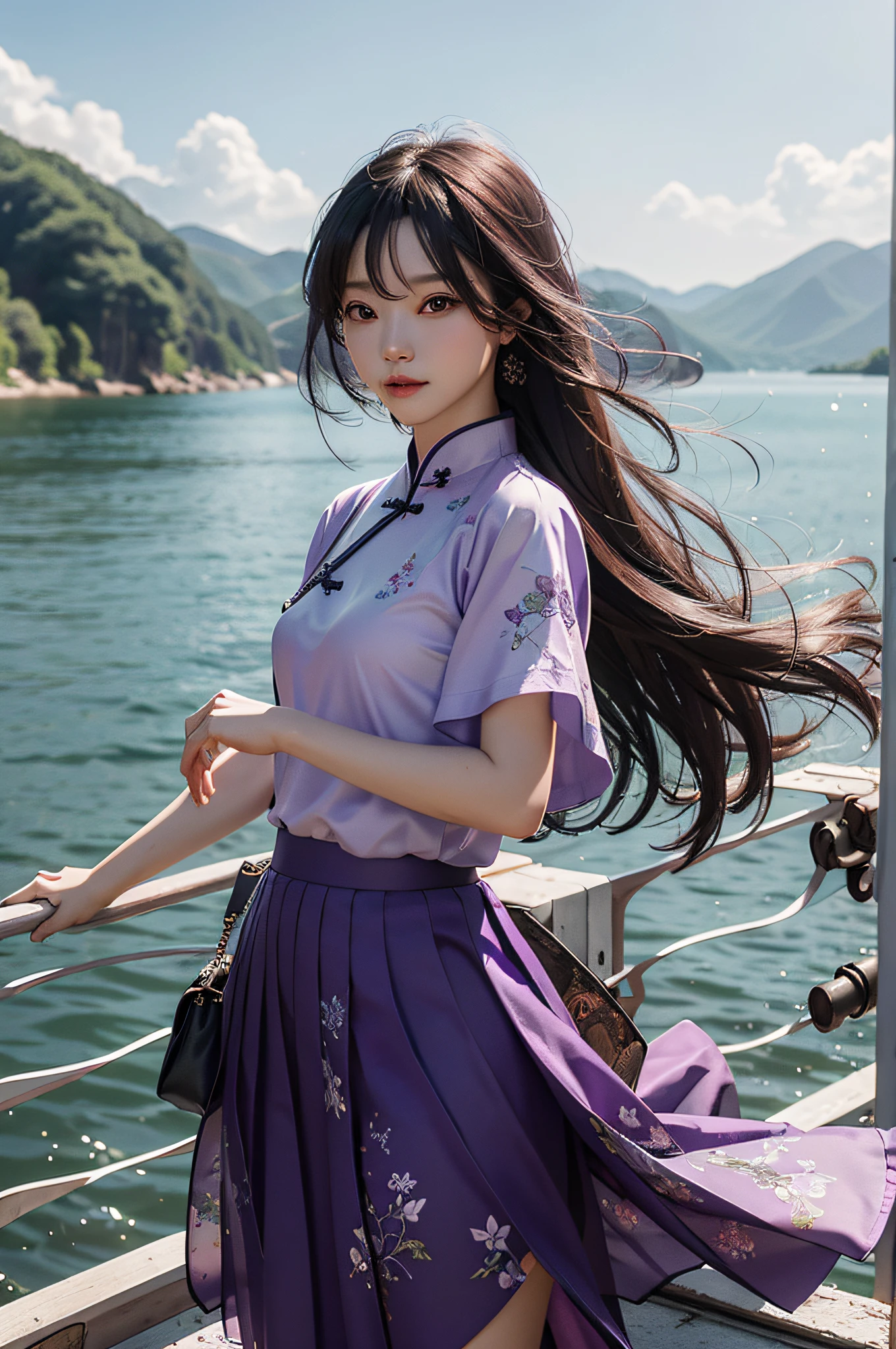 Chinese beauty in purple,Refined looks,Fairy air fluttering,The gauze skirt flew up,Take photos by the lake,ultra-realistic realism,color field printing,high detal,hyper HD,anatomy correct,cinematic lighting 4d quality