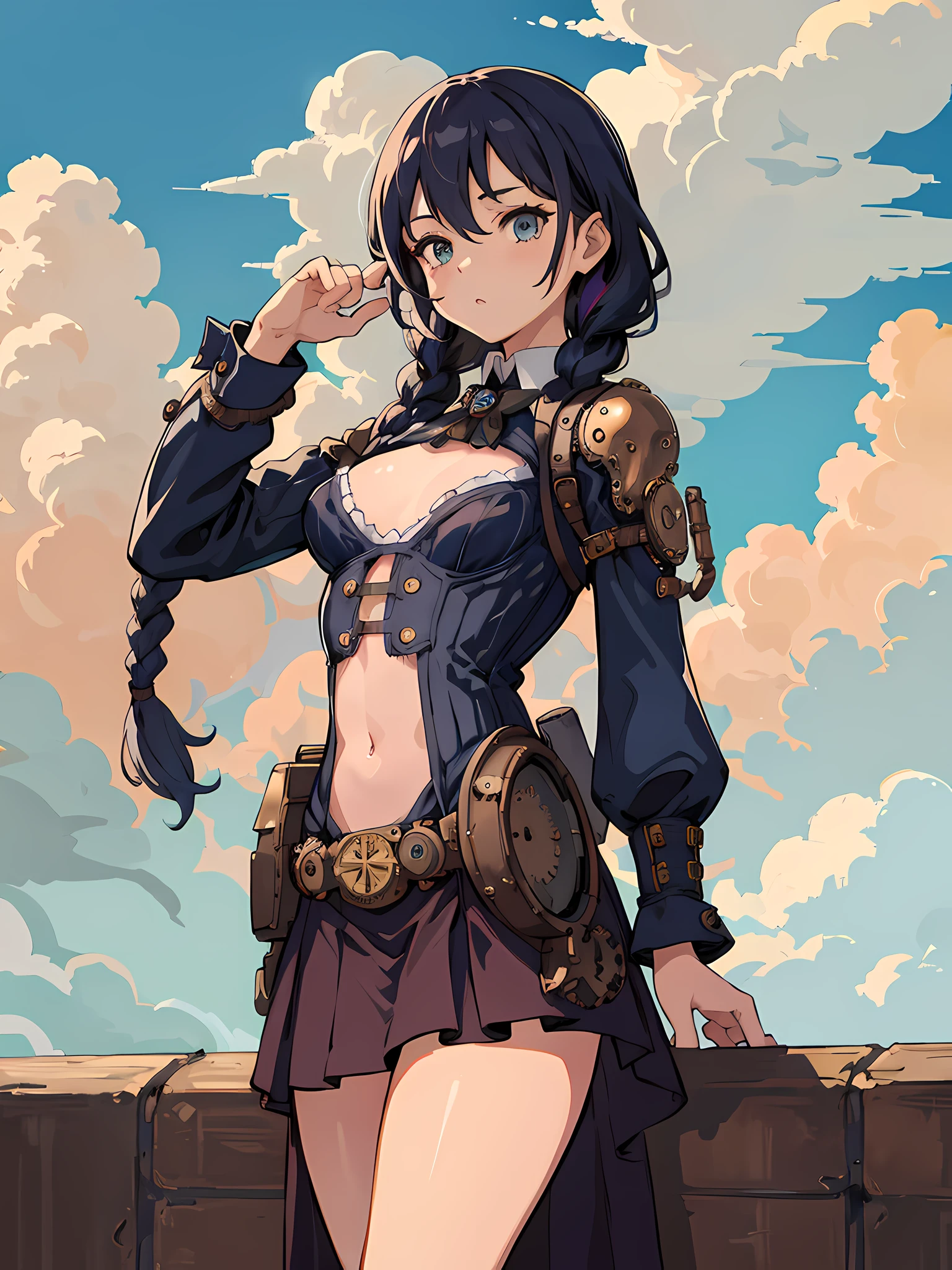 (best quality, masterpiece), official art, illustration, ligne claire, highres, absurdres, ultra-detailed, 8k, (in the air), (above the cloud:1.3), 1girl, blue and violett hair, long hair, braids, steampunk, gears, skirt, colorful steampunk outfit, cutout above navel, see-through clothing, (steampunk city background:1.10), small breasts, cloudy sky, sexy, tight