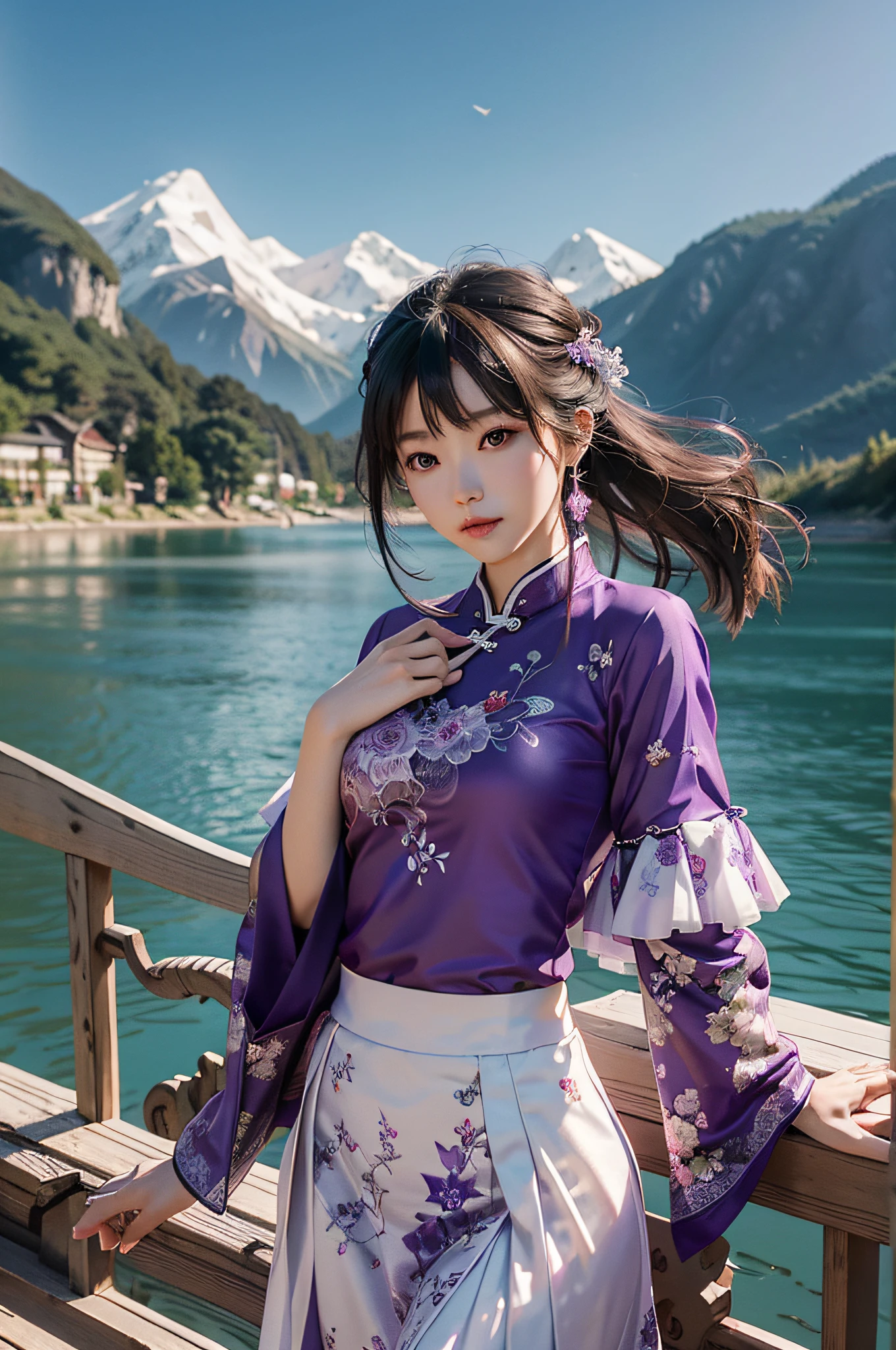Chinese beauty in purple,Refined looks,Fairy air fluttering,The gauze skirt flew up,Take photos by the lake,ultra-realistic realism,color field printing,high detal,hyper HD,anatomy correct,cinematic lighting 4d quality