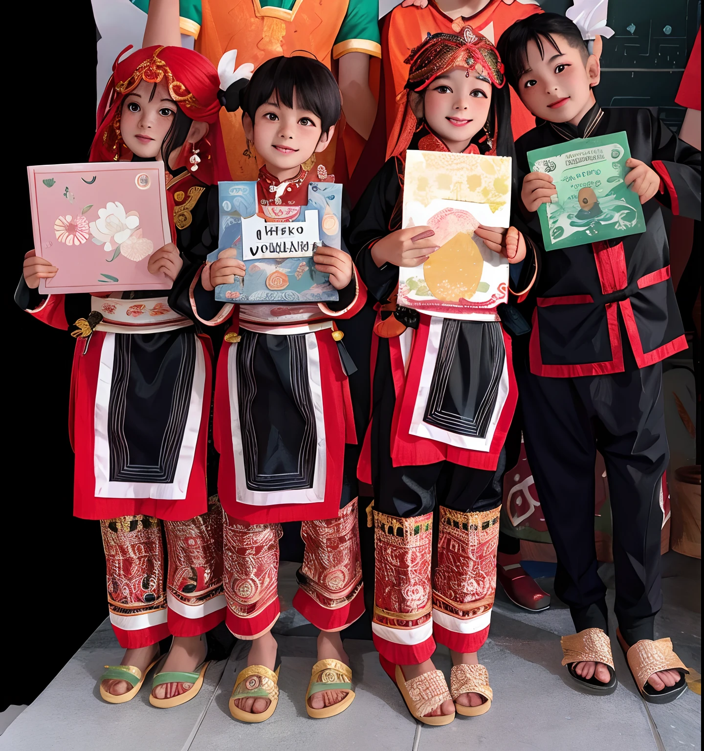 Three girls and one boy are holding book and posing, in red and black outfits, traditional tai costume, wearing authentic attire, wearing traditional garb, traditional costume, traditional dress, traditional clothes, traditional clothing, wearing red attire, sukhothai costume, kid, ethnic group, tai costume, traditional, twins, beautiful faces, children, portrait shot, (white background), Happy face