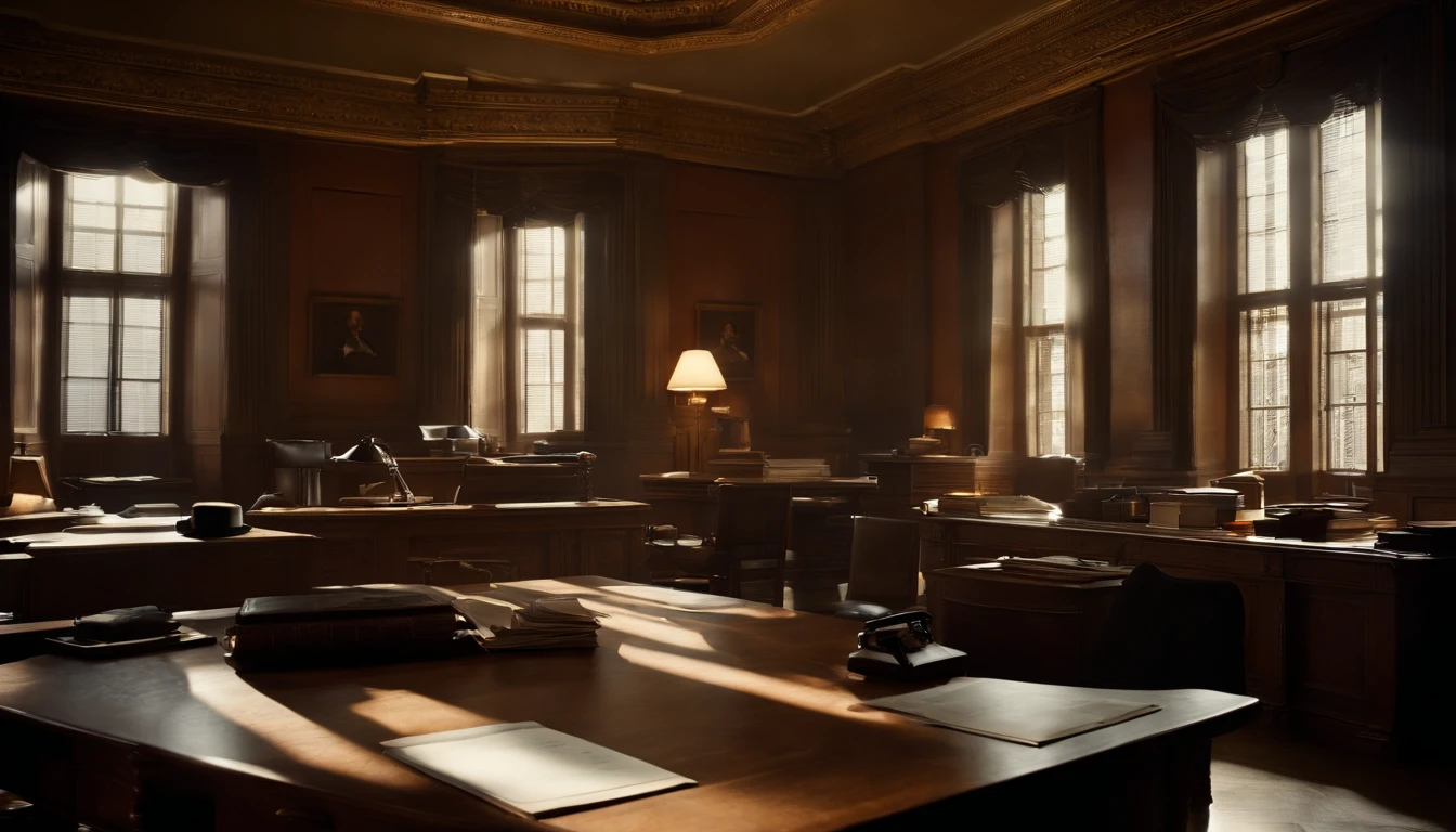 A dimly lit room within the Department of National Security. In the scene, there is a large oak desk prominently featured, and it is covered in a multitude of classified documents. The only source of illumination in the room is a single desk lamp, casting a soft and eerie glow onto the papers. Ensure that the image is in 8K resolution and exhibits photorealistic details, including the texture of the wooden desk, the intricate patterns on the documents, and the interplay of shadows and light. Make use of high