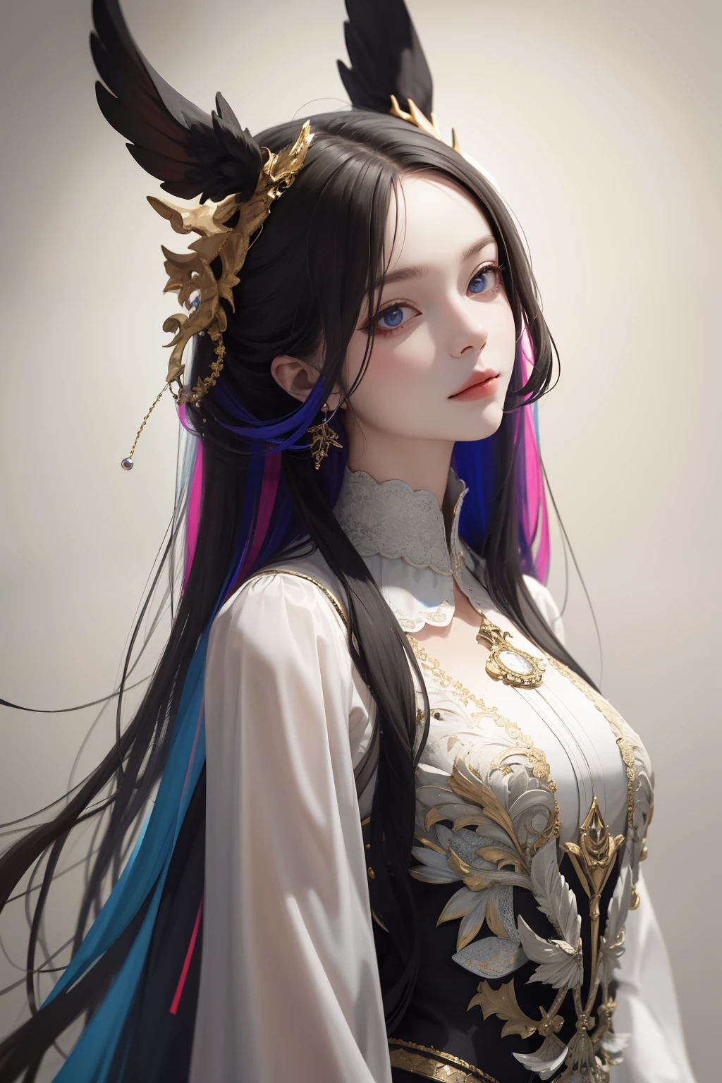 (absurderes, A high resolution, Ultra detailed), 1girll, Solo, mature, baroque, Long dress, longer sleeves, elegant, Colorful, highest details, Upper body, masterpiec, Majestic, Calm face, The head is slightly tilted, Colorful eyes, Long hair
