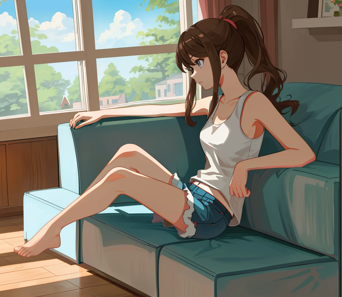 [hilda_(Pokemon)], ((High quality)), ((HD)), ((detailed shading)), ((beautiful solo portrait)), ((front view)), ((full body)), ((anime girl)), ((intricate details)), {attractive, (brown hair), (long ponytail), (beautiful blue eyes), (expressionless), beautiful feet, beautiful legs, beautiful lips}, {(white tank top), (pink lounge shorts)}, {(on couch), (laying on side)}, [background; (living room), (window), (sunny blue sky)]