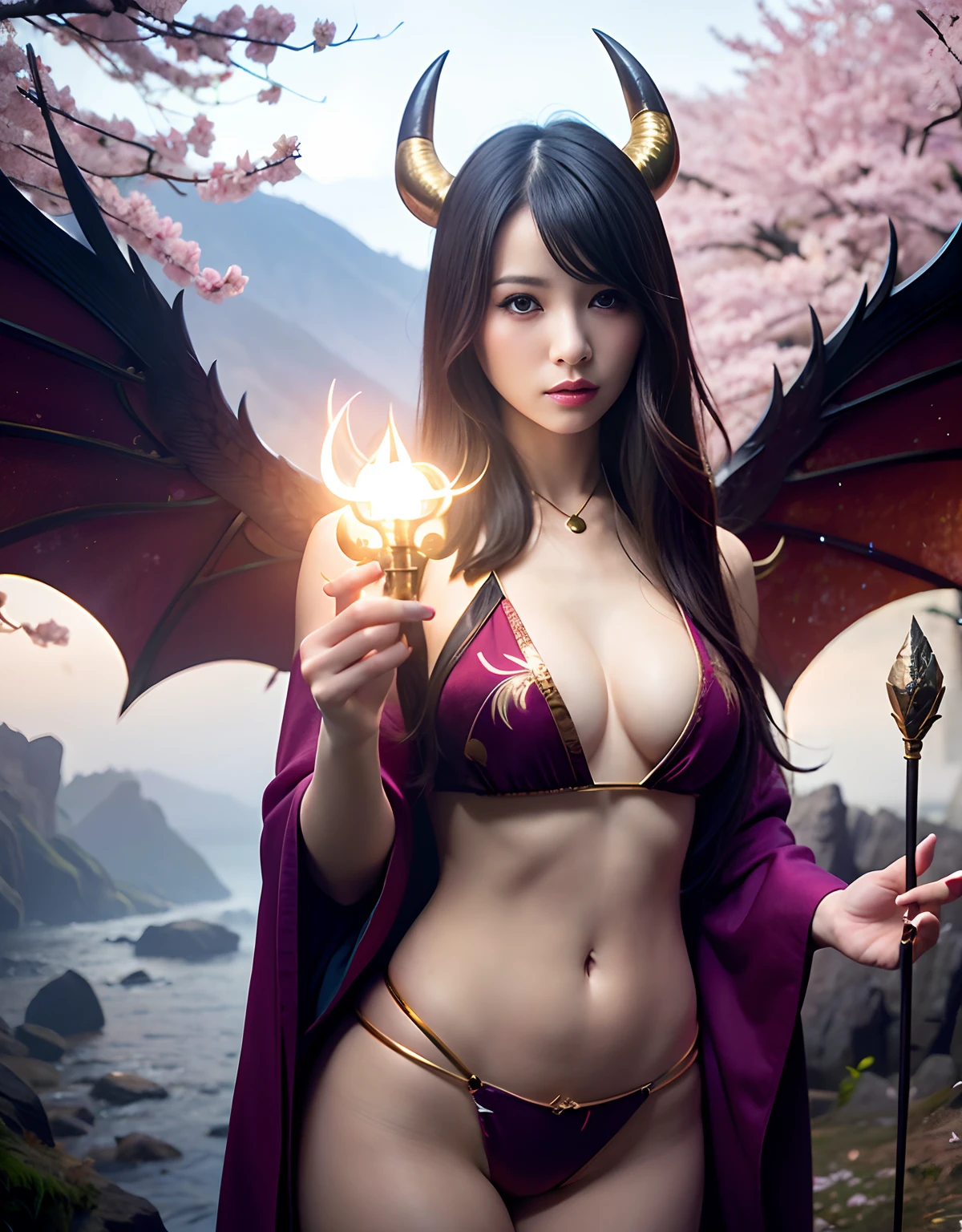 ((World of Darkness)),Professional , ​masterpiece、top-quality、photos realistic , depth of fields 、（sexypose）、(Background of cherry blossoms in full bloom),（Ultimate Beauty）、A dark-haired、（White bikini armor)、（Kimono with beautiful pattern）、（Night background）、（（a dark night））,(Wear a beautiful kimono),（Wear a beautiful kimono with colorful floral patterns）、Jewel Gold Weapon、Particles of light),（Has a devil's mask）、Gorgeous gold weapons ,（（ Gorgeous Dragon Sword）） , （a dark night）,,（maikurobikini） 、（（Black Haired Beautiful Girl））、（Castle background）、（demonic wings）、（（Gangle's forest background））、Beautiful Caucasian beauty、１a person、dynamic ungle,(((Two devil's horns on the head)))、Smaller head、Idle Smile、Thin and beautiful female hands、Mystical expression、Light Effects、intense fighting、Wind-effect、magic circles、With the legendary magic wand、Dragon's tail、Anatomically correct fingers、