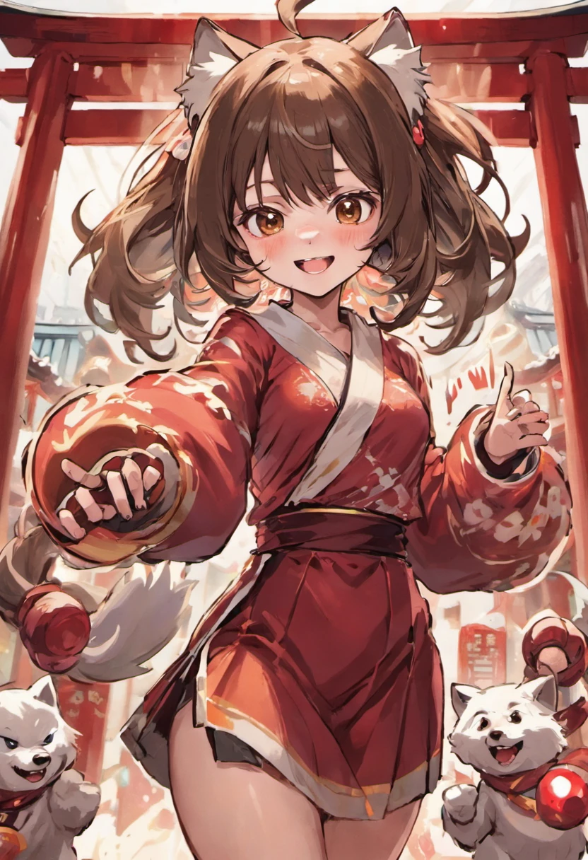 kawaii,a smile,Girl in her 18s,Brown hair,Medium hair,High school students,woman,sano,smil,top-quality、(illustratio)、Background of Japan Shrine,big-eyed,Little White Wolf,kawaii,Fusafusa