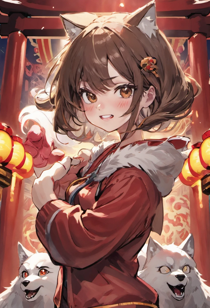 kawaii,a smile,Girl in her 18s,Brown hair,Medium hair,High school students,woman,sano,smil,top-quality、(illustratio)、Background of Japan Shrine,big-eyed,Little White Wolf,kawaii,Fusafusa