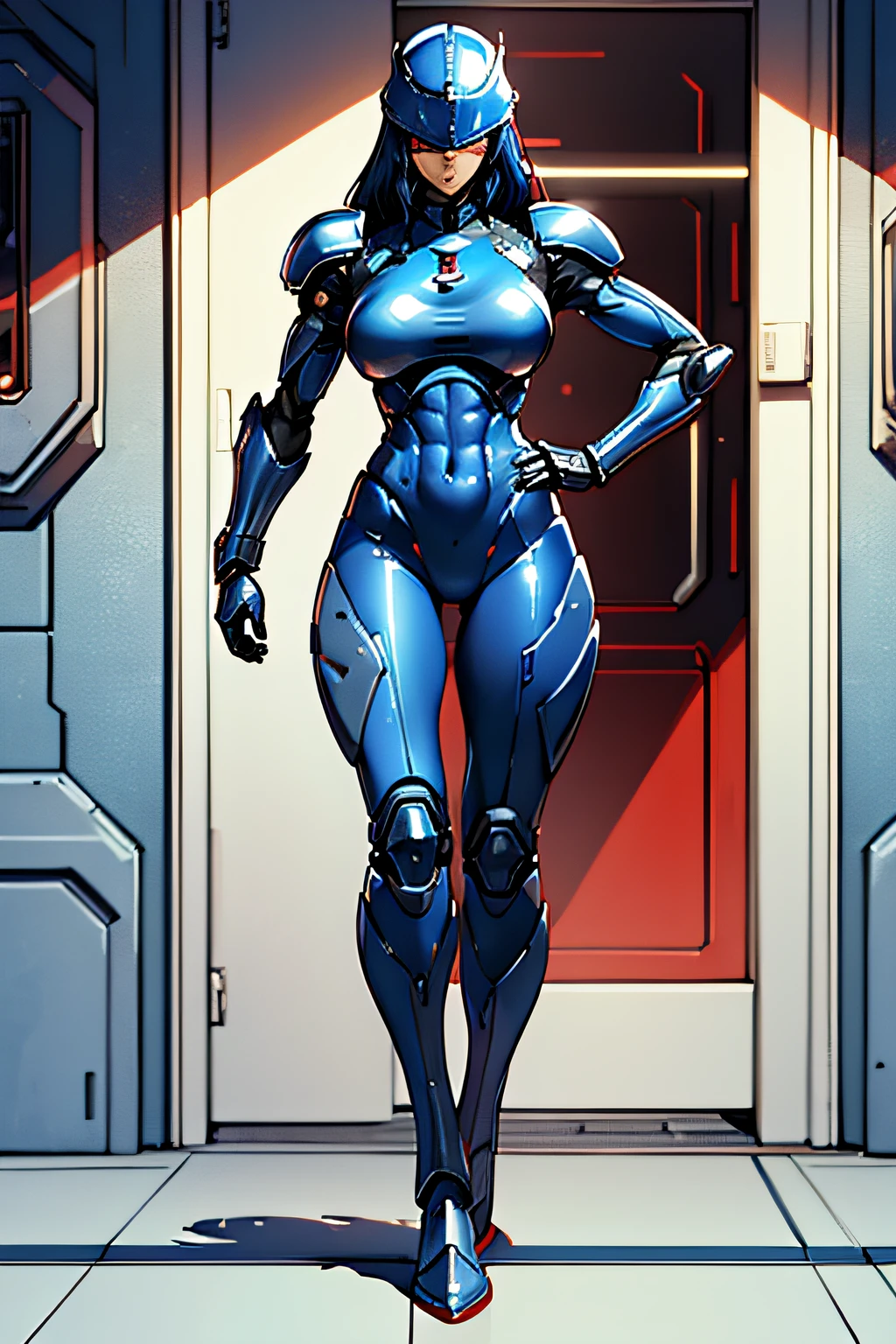 arafe female robocop solo、Big breasts about to burst、full body armored、Red and silver armor、thin and long legs,、Long metallic blue hair、Fitness Body Shape、Helmet with visor to cover the eye area、Pose ready to fight、