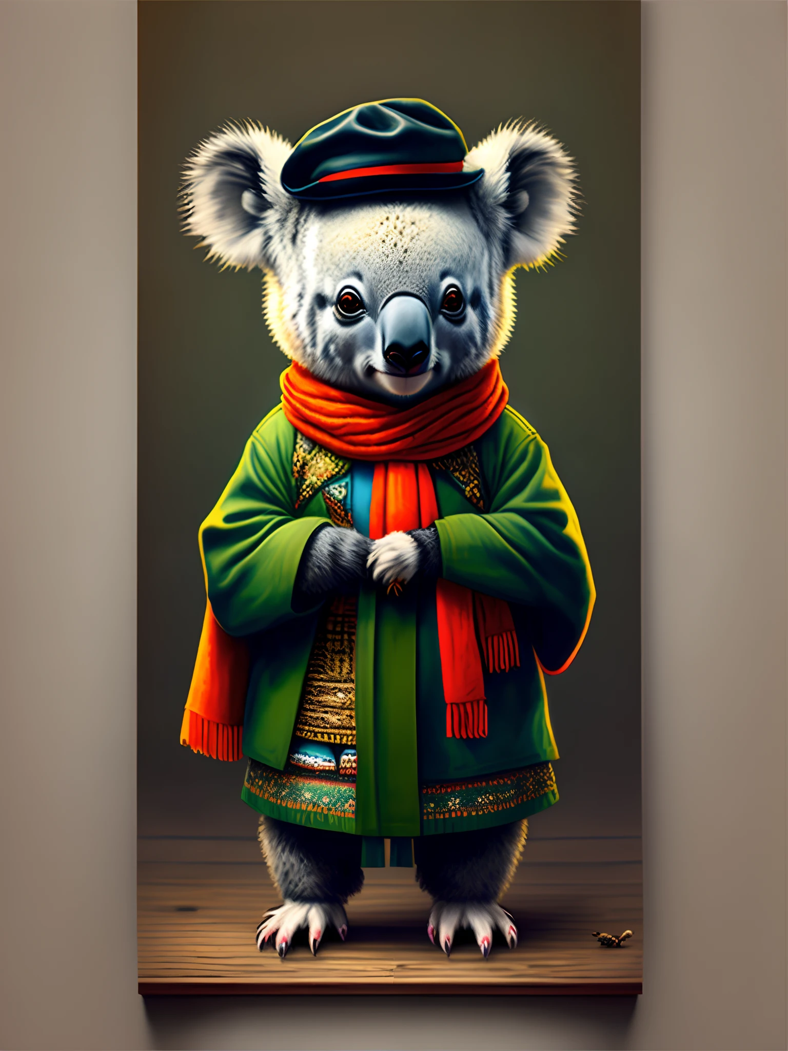a painting of a koala wearing a hat and scarf, trending on art station, vestido com roupas punk, detailed hyper-realistic rendering, British gang member, estilo de rua, pose intimidadora, planeta dos gatos, roupas da moda, samurai urbano