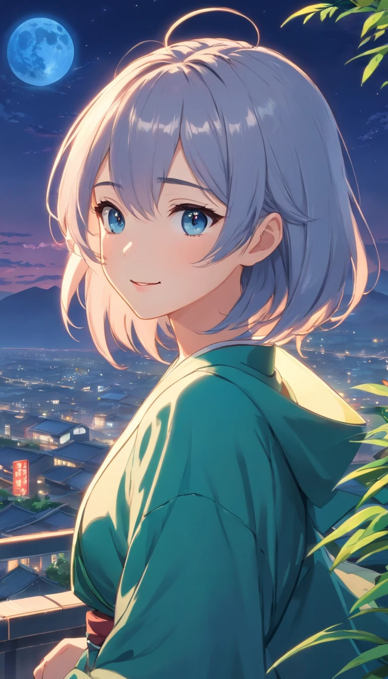 Best quality at best，tmasterpiece，The is very detailed，Face details，8K, detailed back ground，1girll，独奏，Silver hair，eBlue eyes，，long whitr hair，wavey hair，voluminous hair，，，Blushlush，ssmile，Shawl，Chinese city，Chinese service，the night，themoon，scenecy，high place，horizon，ventania，wind blown，flowerbed，looking at viewert