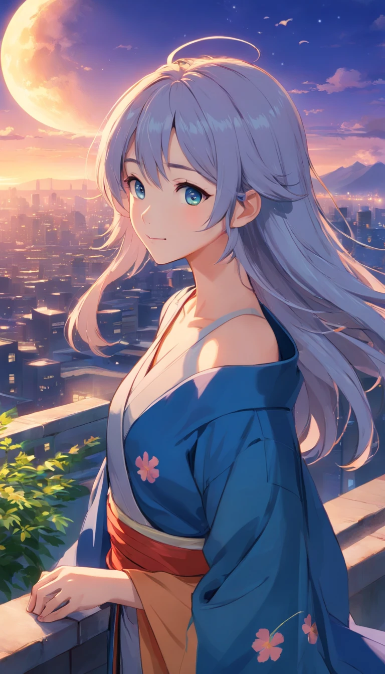 Best quality at best,tmasterpiece,The is very detailed,Face details,8K, detailed back ground,1girll,独奏,Silver hair,eBlue eyes,,long whitr hair,wavey hair,voluminous hair,,,Blushlush,ssmile,Shawl,Chinese city,Chinese service,the night,themoon,scenecy,high place,horizon,ventania,wind blown,flowerbed,looking at viewert