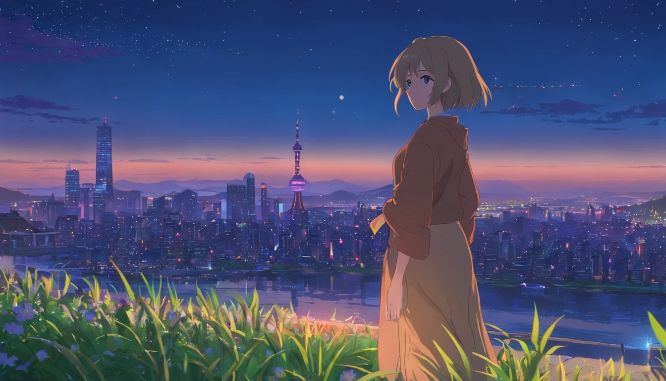 Best quality at best,tmasterpiece,The is very detailed,Face details,8K, detailed back ground,1girll,独奏,Silver hair,eBlue eyes,,Blushlush,ssmile,Shawl,Chinese city,Chinese service,the night,themoon,scenecy,high place,horizon,ventania,wind blown,flowerbed,looking at viewert