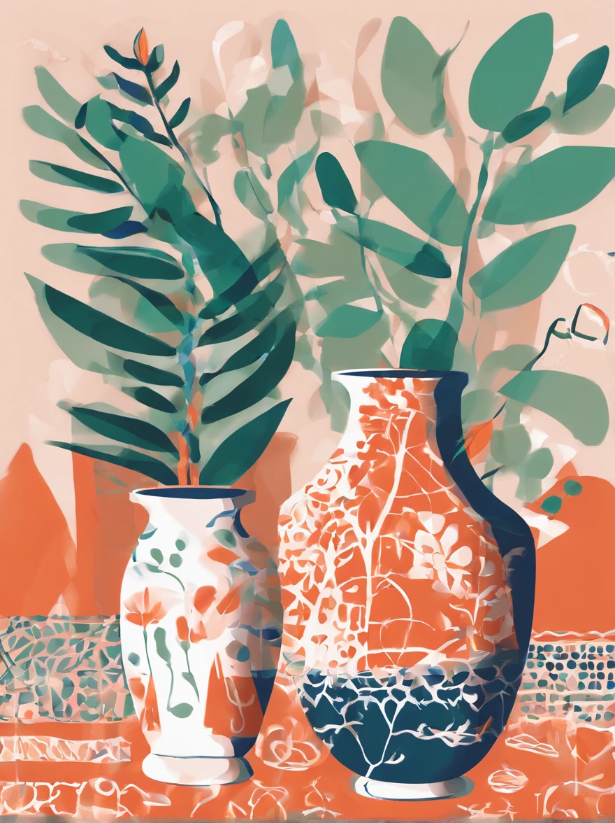 there is a vase and a vase with a plant in it, a screenprint inspired by Henri Matisse, behance contest winner, orphism, done in the style of matisse, colorful bottles and plants, vases and bottles, plants growing on it. gouache, matisse, plants, abstract forms and shapes, graphic shapes, pots with plants, organic forms, vessels