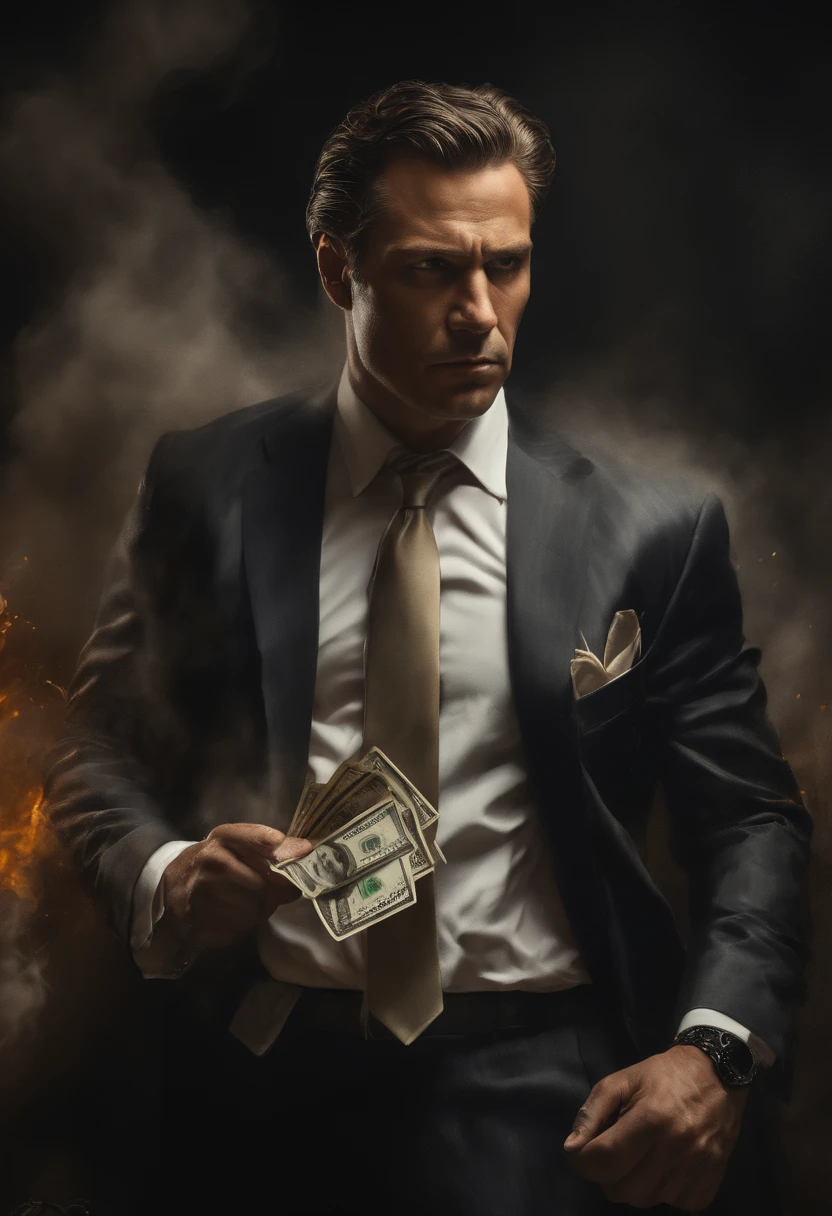 Man fighting money, Oil Painting, Harsh brush strokes, Dramatic Lighting, intense expression, Determined eyes, hold fists, sweat dripping down his face, Wrinkled suit, broken chains, Crumbling dollar bills, Crumbling Stock Market Graph, Smoke rises in the background, Black and white with a touch of gold, Realism. (Best Quality, hight resolution, Ultra-detailed), (Realistic:1.37), Professional, Vivid colors.
