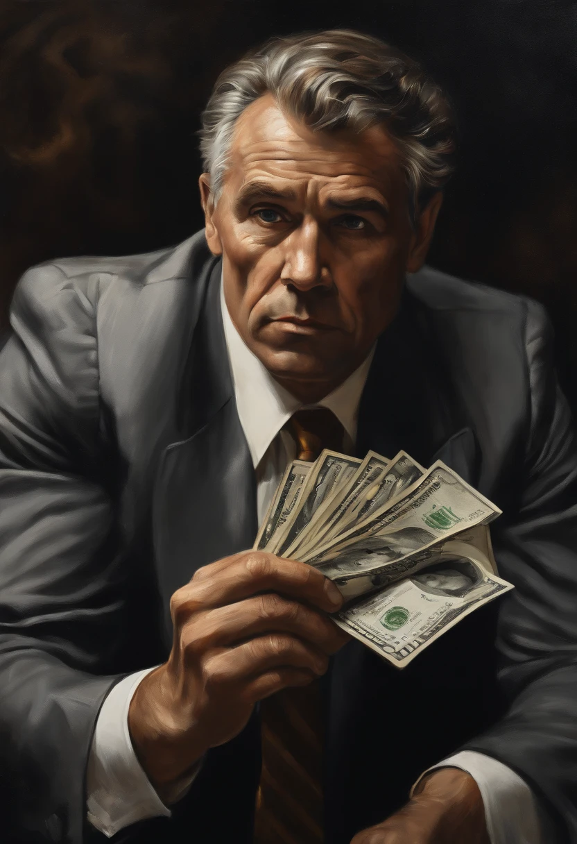 Man fighting money, Oil Painting, Harsh brush strokes, Dramatic Lighting, intense expression, Determined eyes, hold fists, sweat dripping down his face, Wrinkled suit, broken chains, Crumbling dollar bills, Crumbling Stock Market Graph, Smoke rises in the background, Black and white with a touch of gold, Realism. (Best Quality, hight resolution, Ultra-detailed), (Realistic:1.37), Professional, Vivid colors.