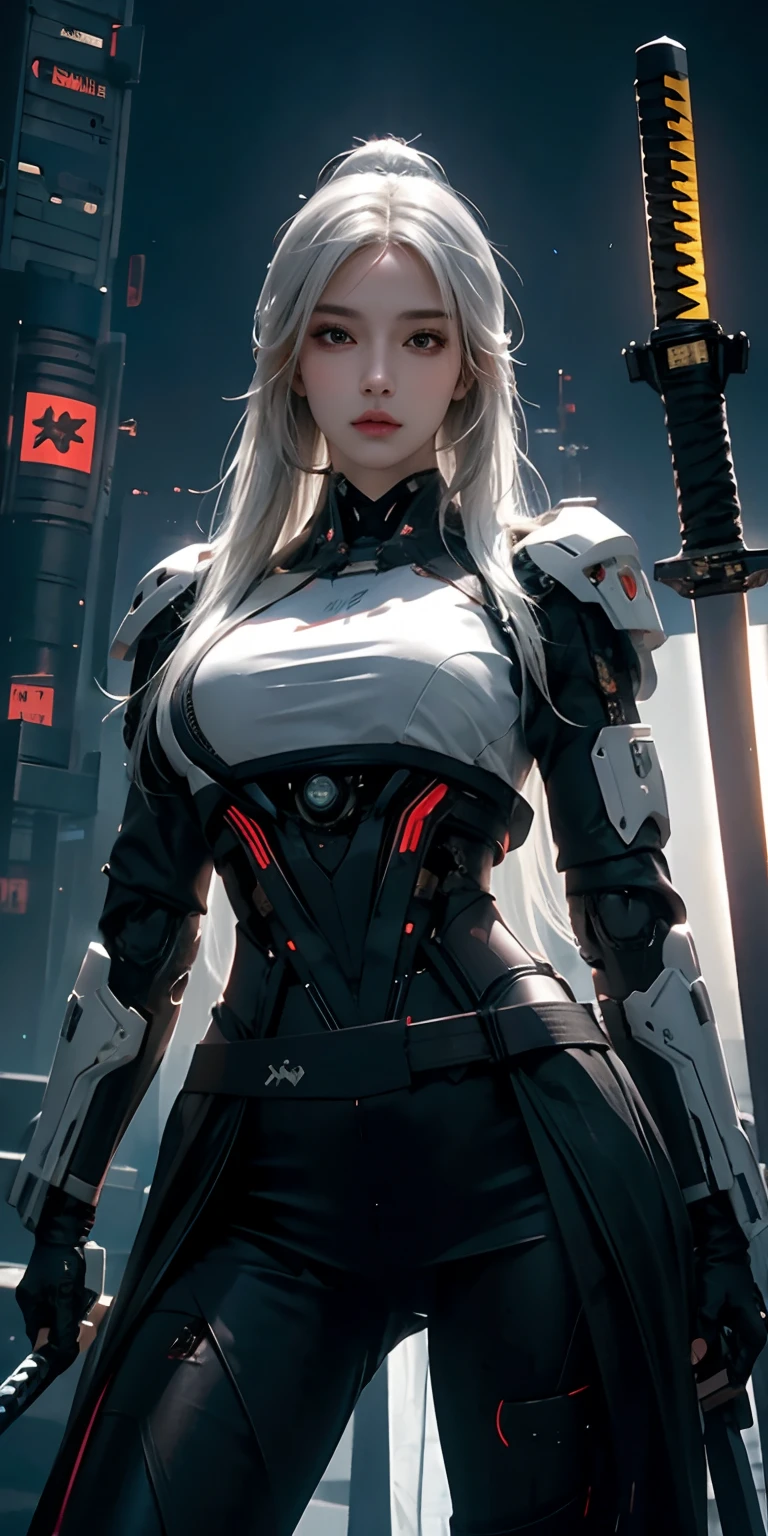 photorealistic, high resolution, soft light,1women, solo, hips up, (detailed face), white long hair, cybersamurai, cyborg, cyberpunk,  cyber armor, holding weapon,glowing,katana, city at night