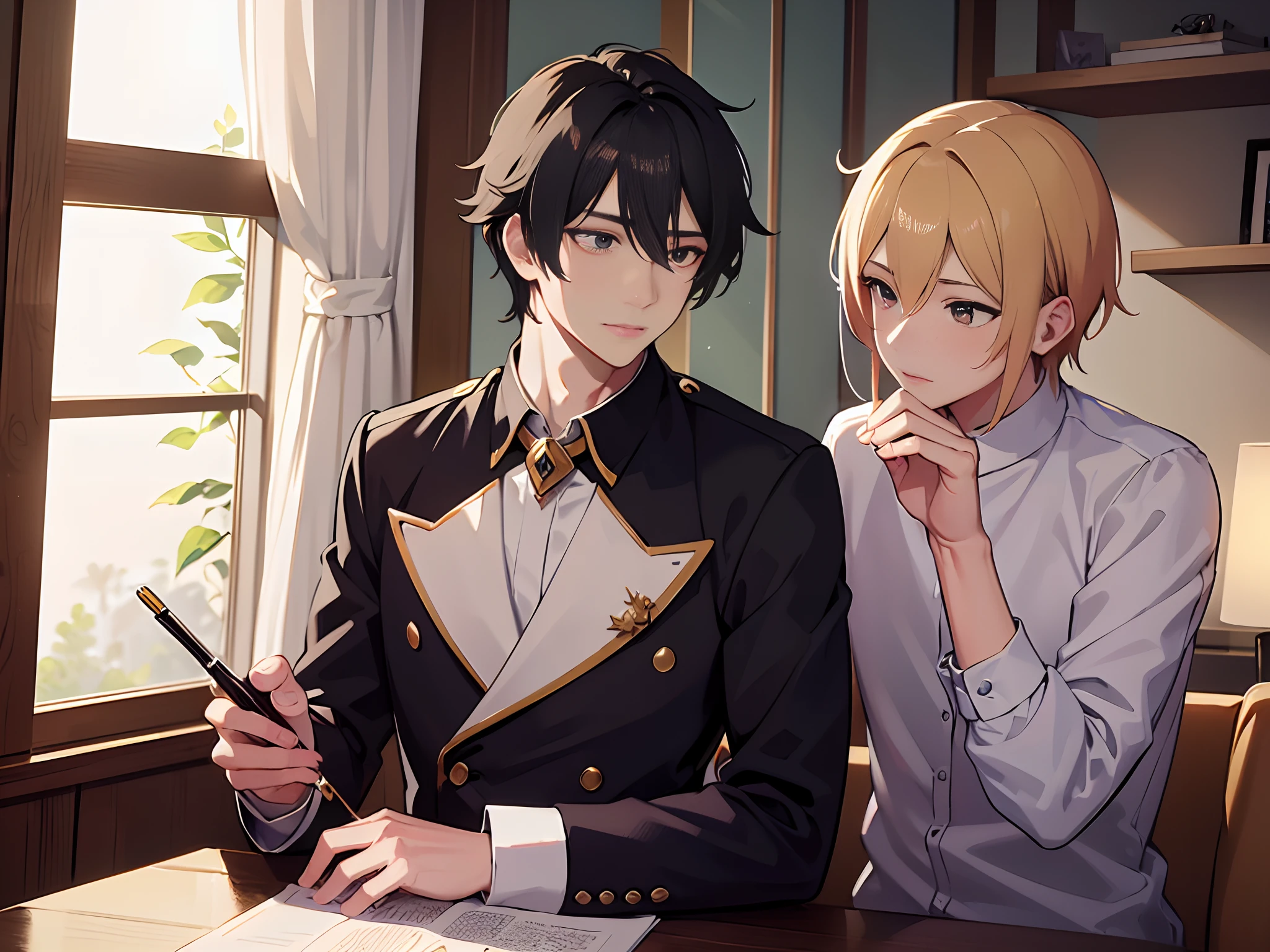 (Best Quality, masutepiece: 1.1), (fidelity: 1.4), 2male,gay male,yaoi male,eye contact, Upper body, male hair,male face, 5 star hotel, boredom