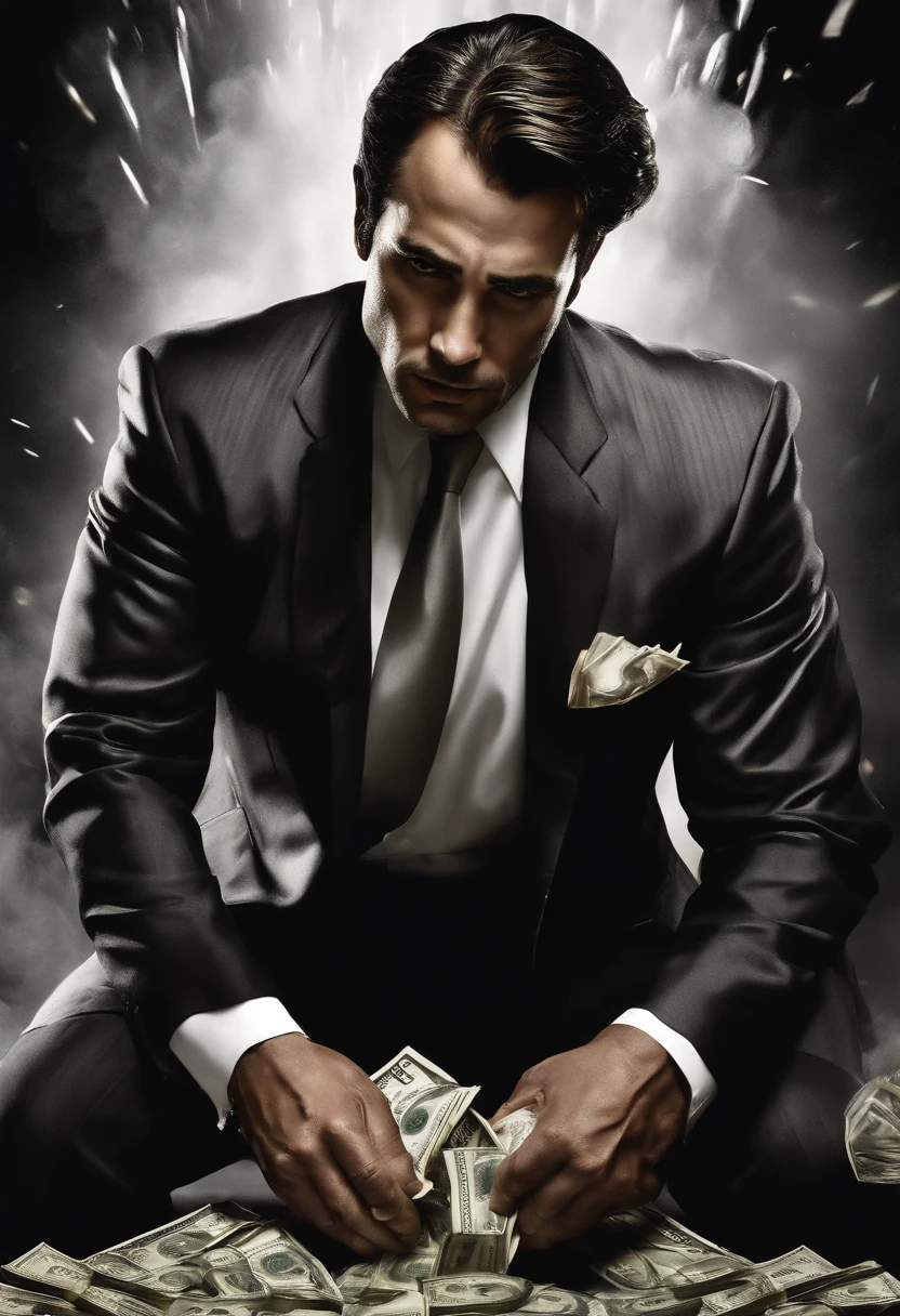 Man fighting money, Oil Painting, Harsh brush strokes, Dramatic Lighting, intense expression, Determined eyes, hold fists, sweat dripping down his face, Wrinkled suit, broken chains, Crumbling dollar bills, Crumbling Stock Market Graph, Smoke rises in the background, Black and white with a touch of gold, Realism. (Best Quality, hight resolution, Ultra-detailed), (Realistic:1.37), Professional, Vivid colors.