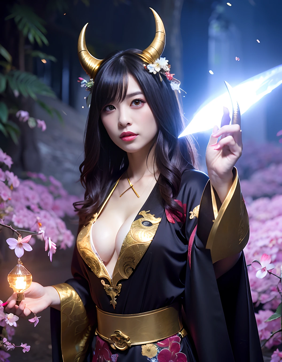 ((World of Darkness)),Professional , masterpiece、top-quality、photos realistic , depth of fields 、(sexypose)、(Background of cherry blossoms in full bloom),(Ultimate Beauty)、A dark-haired、(White bikini armor)、(Kimono with beautiful pattern)、(Night background)、((a dark night)),(Wear a beautiful kimono),(Wear a beautiful kimono with colorful floral patterns)、Jewel Gold Weapon、Particles of light),(Has a devil's mask)、Gorgeous gold weapons ,(( Gorgeous Dragon Sword)) , (a dark night),,(maikurobikini) 、((Black Haired Beautiful Girl))、(Castle background)、(demonic wings)、((Gangle's forest background))、Beautiful Caucasian beauty、1a person、dynamic ungle,(((Two devil's horns on the head)))、Smaller head、Idle Smile、Thin and beautiful female hands、Mystical expression、Light Effects、intense fighting、Wind-effect、magic circles、With the legendary magic wand、Dragon's tail、Anatomically correct fingers、