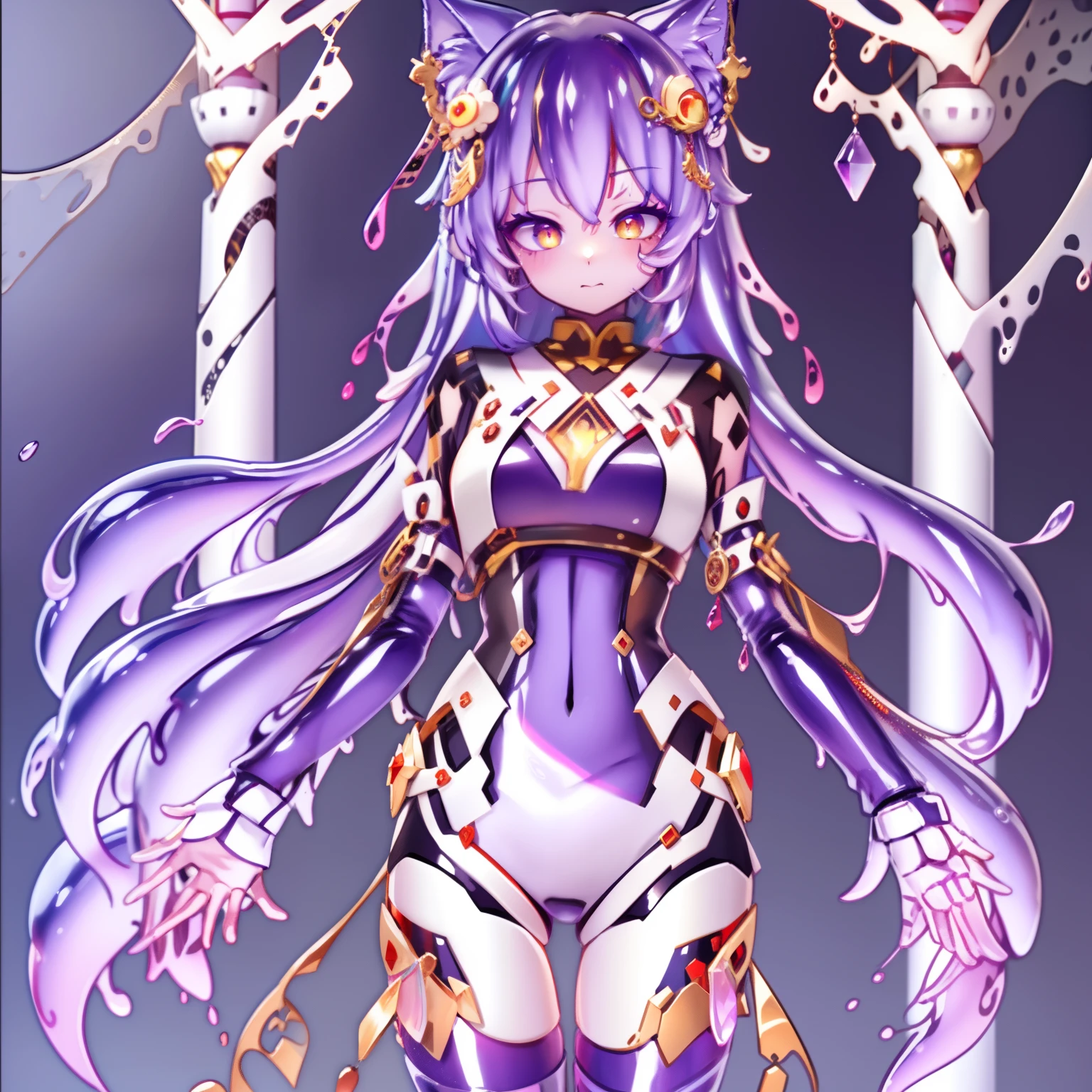 multicolored hair, colored inner hair, gradient hair, ahoge, curly hair, very long hair, bone hair ornament, cat hair ornament, multicolored eyes, empty eyes, dilated pupils, hollow eyes, symbol-shaped pupils, aqua eyes, gradient eyes, amber eyes, colored eyelashes, longeyelashes, fox ears, cat ears, smile, shy, Surrealism, anime, sparkle, glowing light, jpeg artifacts, first-person view, cowboy shot, 8k, super detail, 16k, 8k, best quality, high quality, super detail, masterpiece,