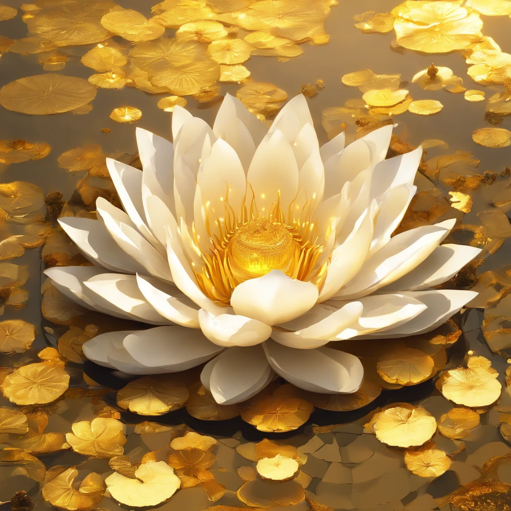 A golden water lily, lotus petals, radiating golden light, Lotus, with lotus flowers, glowing golden aura, a golden halo, soft golden light, glowing delicate flower, lotuses, gold ethereal light, gold flowers, sitting on a lotus flower, gilded lotus princess, Golden glow, Golden light, golden background with flowers, (extremely detailed CG unity 16k wallpaper:1.1), (Denoising strength: 1.45), (tmasterpiece:1.37), ray tracing, god rays, UHD, award winning