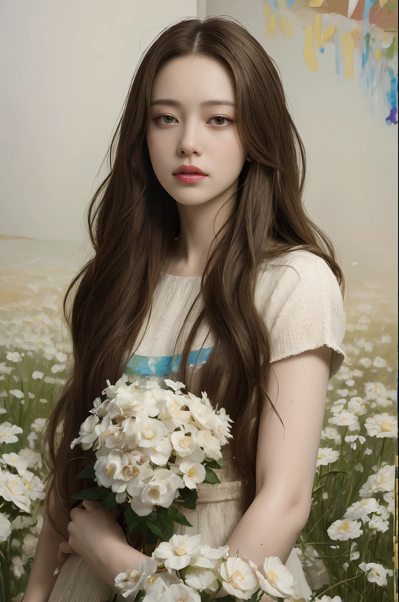 (oil painting:1.5), \\ A woman with long light brown hair and white flowers in her hair lies in a field of white flowers.., (Amy Soul:0.248), (Stanley Artgerm Lau:0.106), (Detailed drawings:0.353), (gothic art:0.106)