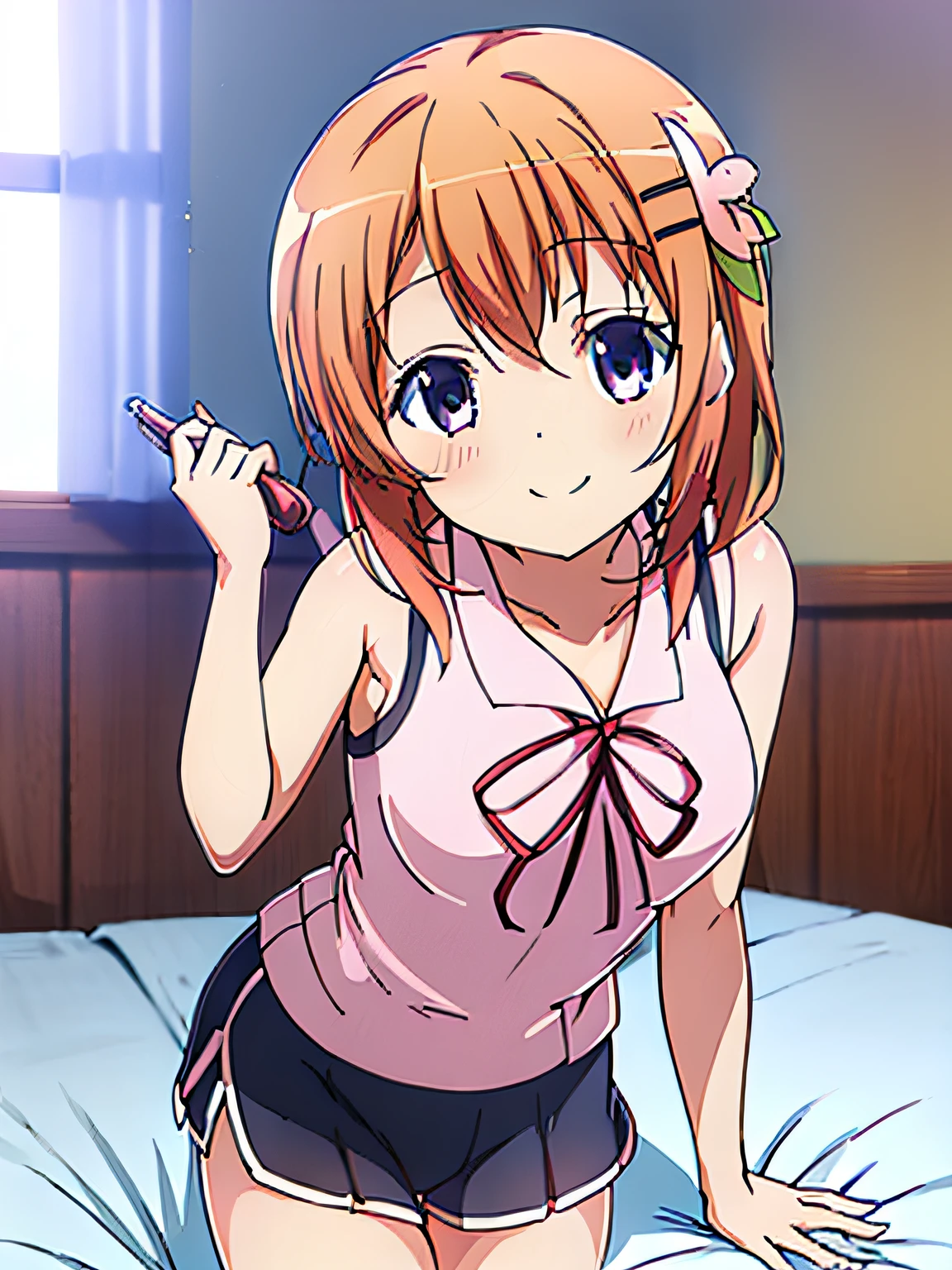 ((masutepiece)), ((Best Quality)), (Ultra-detailed), Anime style, on the bed, Cute girl s, 1girl in, Solo, Gym Shorts 00, ((Beautiful eyes)), Smile