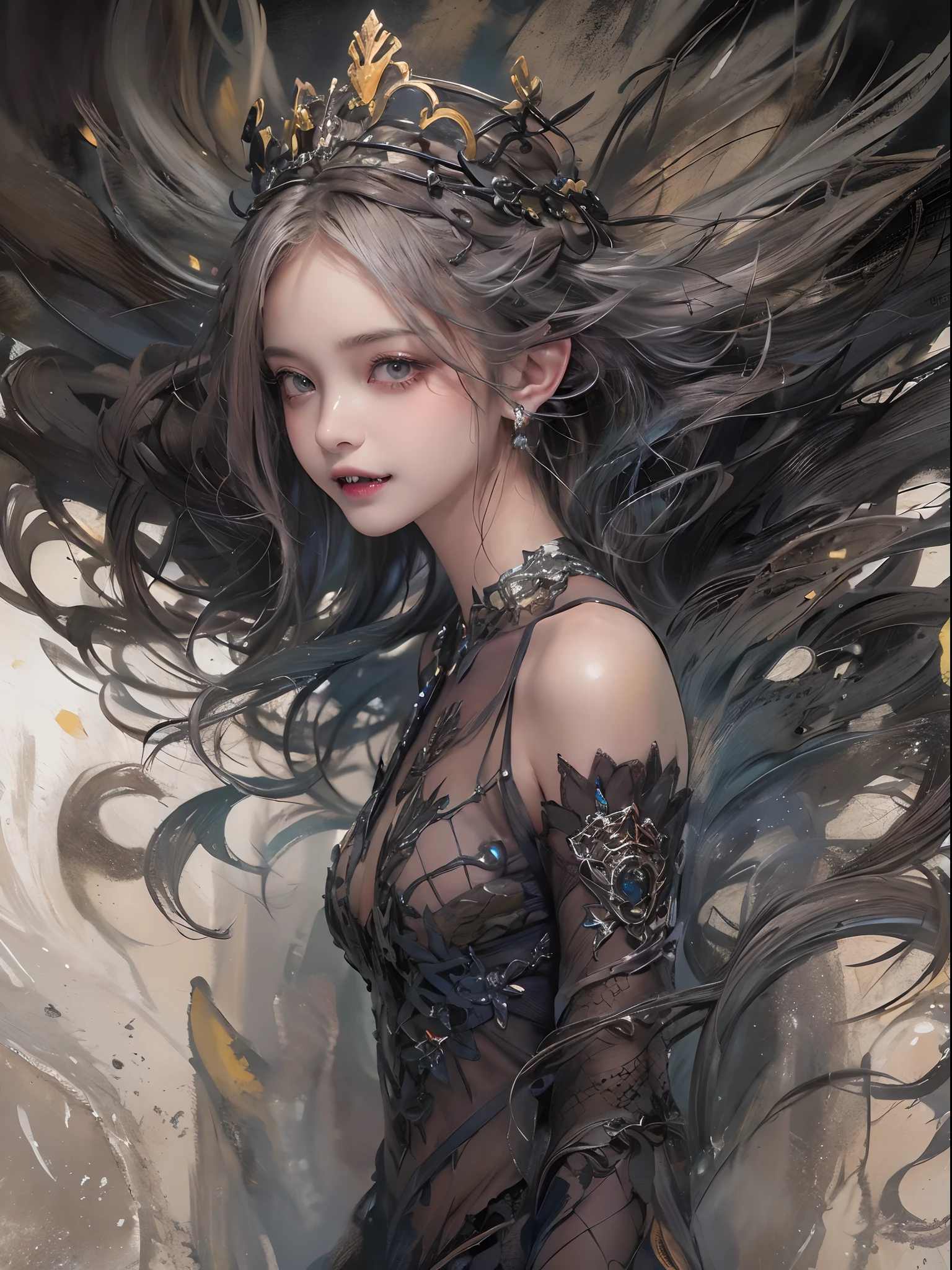 (watercolor:1.2),(incredible detail, textures and maximum detail),(dark color concept:2.0), dolly girl, a girl like doll with angel wings, archangel, angel ring, elf ear with many earings, facing the front, nearly naked, thin body, skinny, small breasts, tiny tits, princess crown, dragon horn, looking up at camera, (no hands),(Highest quality authentic textured skin),(Faint sunshine),(catch light:1.5),(abyssal),(Fine, Round, Symmetrical eyes),Delicate facial features,(Burning bright and cold eyes), very slim and thin body, naked, nude, (She has a sadly smile on her face),(Her face is gentle and beautiful),Glass earrings on the ears,,(Blonde hair),(silvery white hair),(Dramatic photo:1.4),(dramatic pose),(flamboyant photo), upturned eyes, upward glance, A messy painting，(Hair flows in air:2.0),(Vortices and tidal currents in the background),(Dramaticlight),(Magnificent scene),(Surrounded by beautiful feathers),Epic realism,Cinematic feeling,(high-density imaging review:1.5),Ultra detailed,Dramaticlight,(intricately details:1.1), complex background, sparkle background, fractal background,(mighty fangs:1.5),naked,nude,