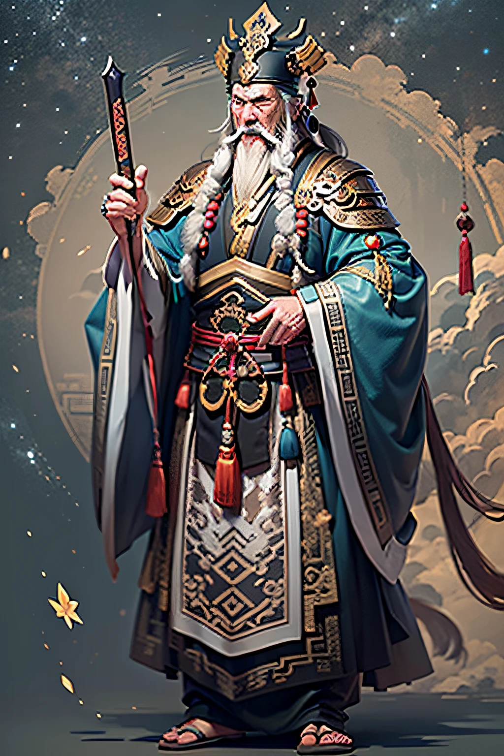 Ancient Chinese,male people,70 years old,Long beard,Taoist clothing,Taoist immortals,Tongtian Sect Lord,Full body like,Feng Shen List,(Best quality:1.3),超A high resolution,(Realistic, Photorealsitic:1.4), Background,(dynamicposes:1.2), Vivid costumes、salama、thunderclap、Sateen、Chinese long sword,Starry sky background,Feet on the clouds
