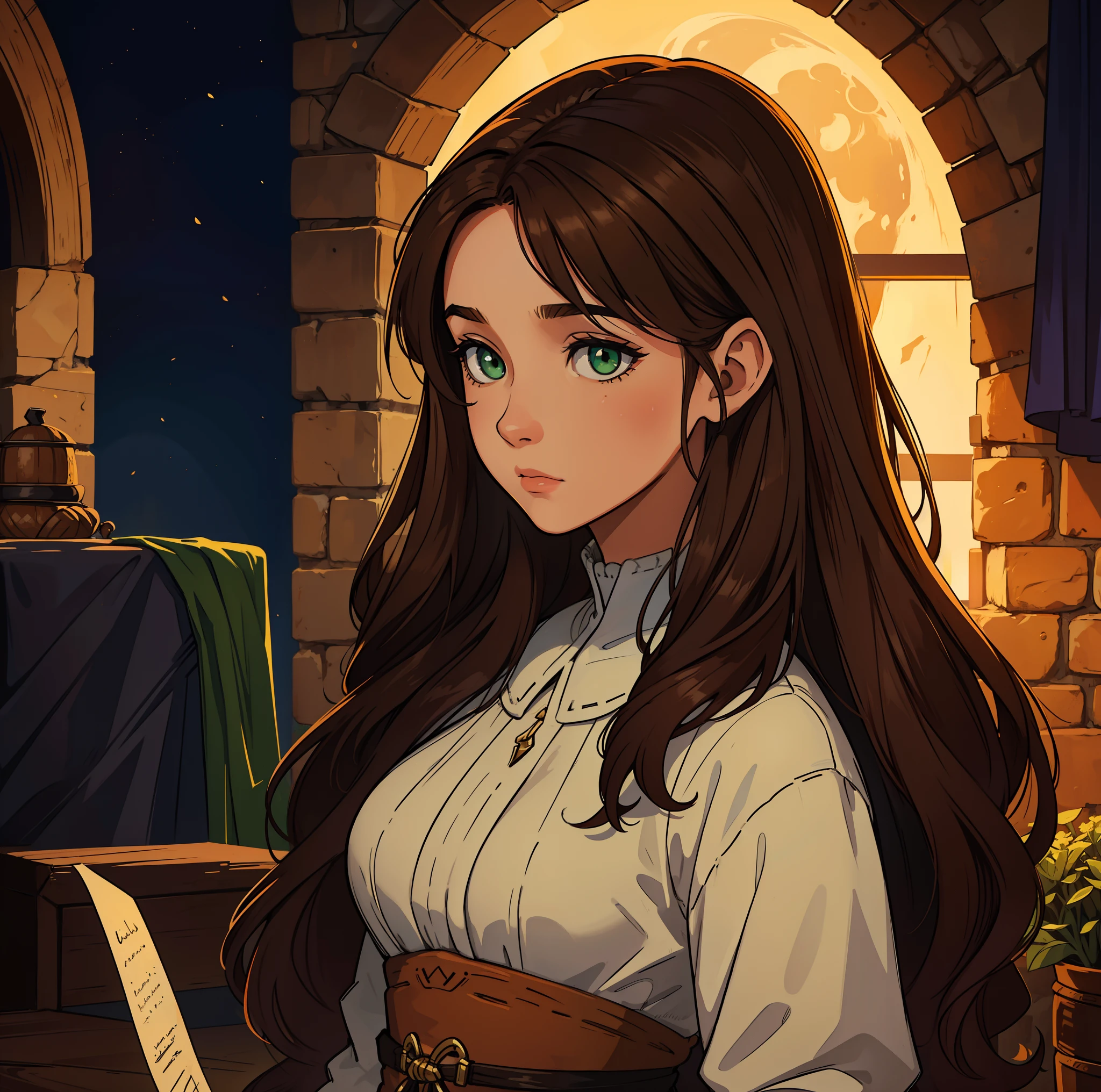 Um retrato de uma mulher bonita, com ((decote)) seios apertados em um espartilho de couro with green eyes and brown hair;, um NPC para um RPG medieval usando trajes medievais em uma arte de RPG de arte medieval, Uma arte de detalhe aproximado em um quarto muito escuro com a luz da lua no fundo ((cabelo marron)) ((cabelo comprido)) ((cabelo ondulado)) ((ombros nus))