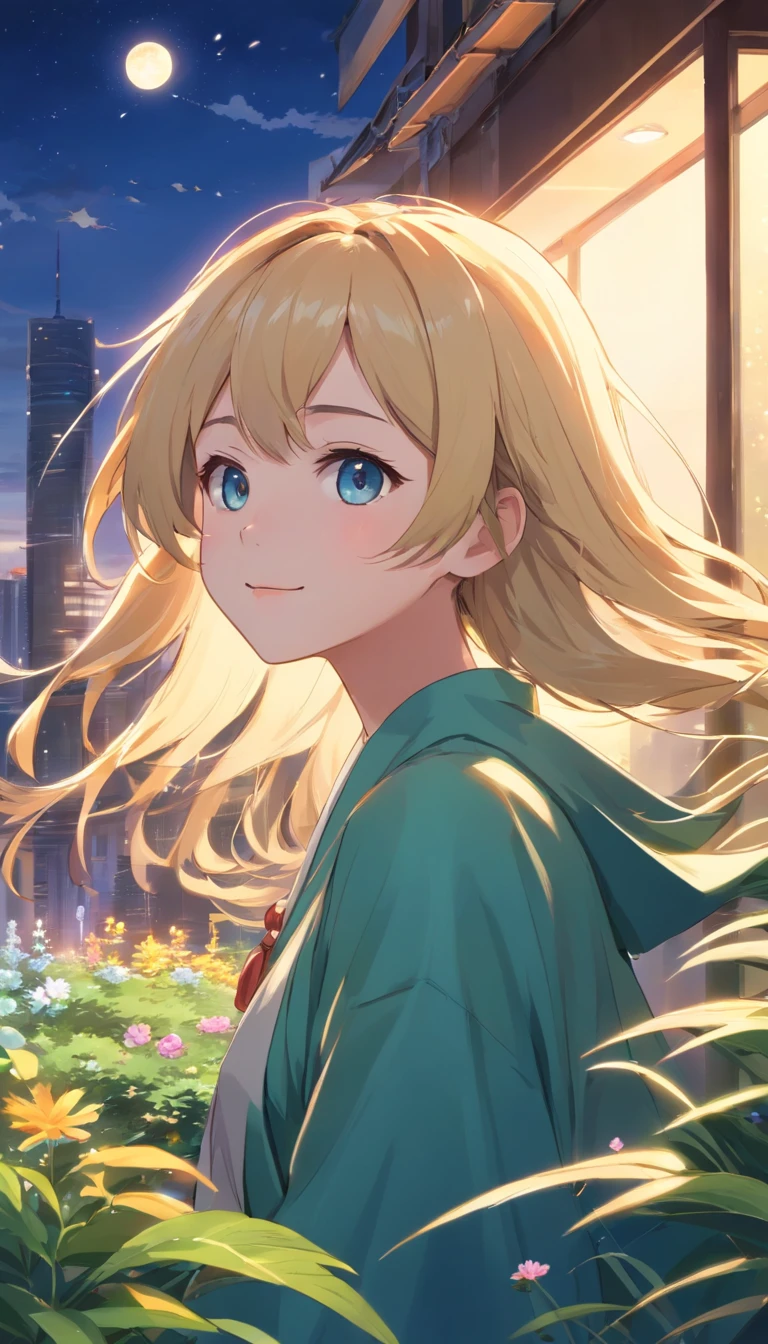 Best quality at best，tmasterpiece，The is very detailed，Face details，8K, detailed back ground，1girll，独奏，Blonde hair，eBlue eyes，，long whitr hair，wavey hair，voluminous hair，，，Blushlush，ssmile，Shawl，Chinese city，Chinese service，the night，themoon，scenecy，high place，horizon，ventania，wind blown，flowerbed，looking at viewert