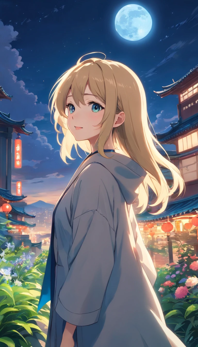 Best quality at best，tmasterpiece，The is very detailed，Face details，8K, detailed back ground，1girll，独奏，Blonde hair，eBlue eyes，，long whitr hair，wavey hair，voluminous hair，，，Blushlush，ssmile，Shawl，Chinese city，Chinese service，the night，themoon，scenecy，high place，horizon，ventania，wind blown，flowerbed，looking at viewert