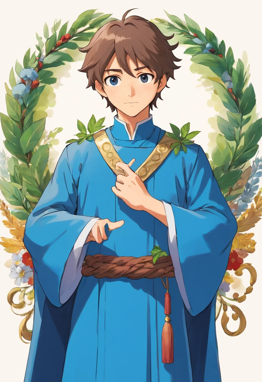 a graduated man, wearing a blue gown with Laurel wreath on the head the diplom in his hand. Make sure the man is brown with dark eyes and that the clip art has a crisp white background in high definition