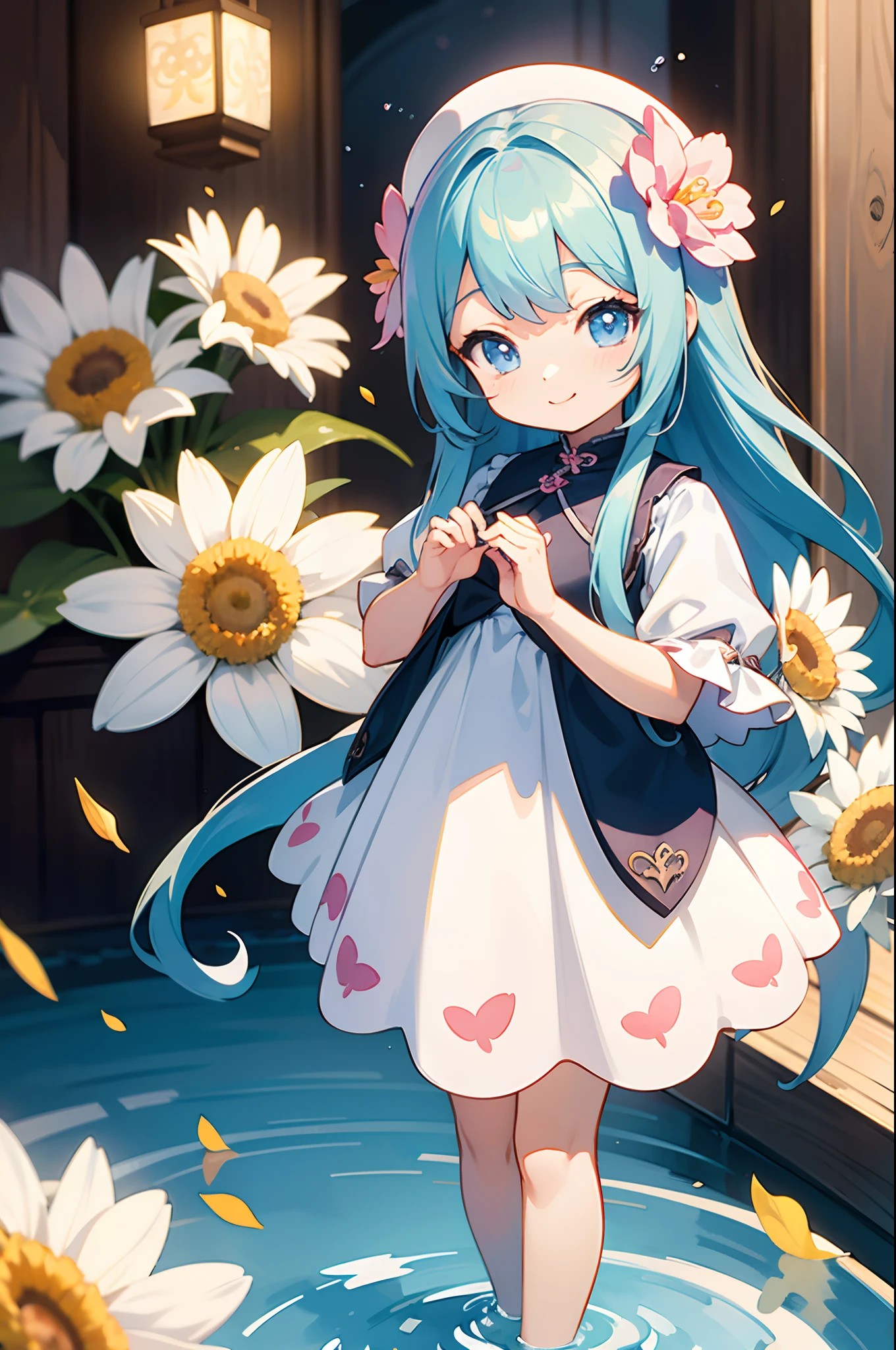 （master piece，best quality：1.6），holding a big chocolate with a valentine&#39;s day ribbon　light blue long hair、Beautiful girl with twin tails、adorable smile、Cute loli style costume、White flower，White flowerが咲き誇る庭，petals are flying，Close-up of flowers，long focal，(The photo is full of flowers)