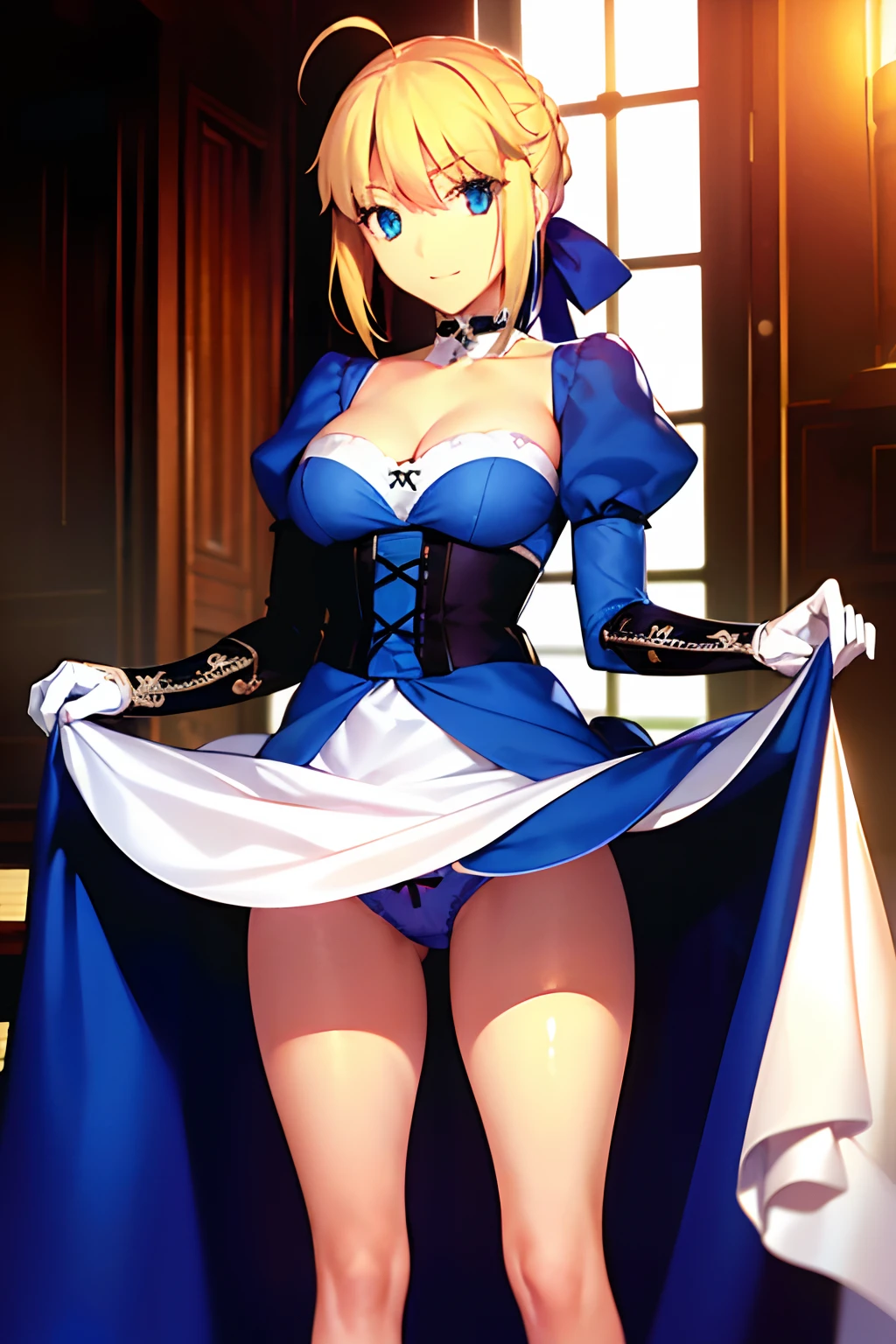 takashi takeuchi,Artorian Pendragon \(Fate\), Saber,1girl in, :D, Ahoge, Blonde hair, Naughty big、large full breasts、 Choker, cleavage, 鎖骨, Dress, elbow groves, gloves, Green eyes, hair between eye, Hair Ribbon, Indoors, Looking at Viewer, bow ribbon, ribbon choker, Short hair,Open mouth、Smile, duo, stairs, Strapless, straplessdress, wedding dress, White Dress, White Gloves, White ribbon, , ((masutepiece)), Best Quality, High resolution, Unity 8k壁纸, (Illustration:0.8), (Beautiful detailed eyes:1.6), extra detailed face, Perfect Lighting, extremely details CG, (Perfect hands, Perfect Anatomy)、(Skirt lift:1.3), (Blue panties:1.3)、(Skirt that rolls up:1.3)、(Fully exposed panties:1.5)、