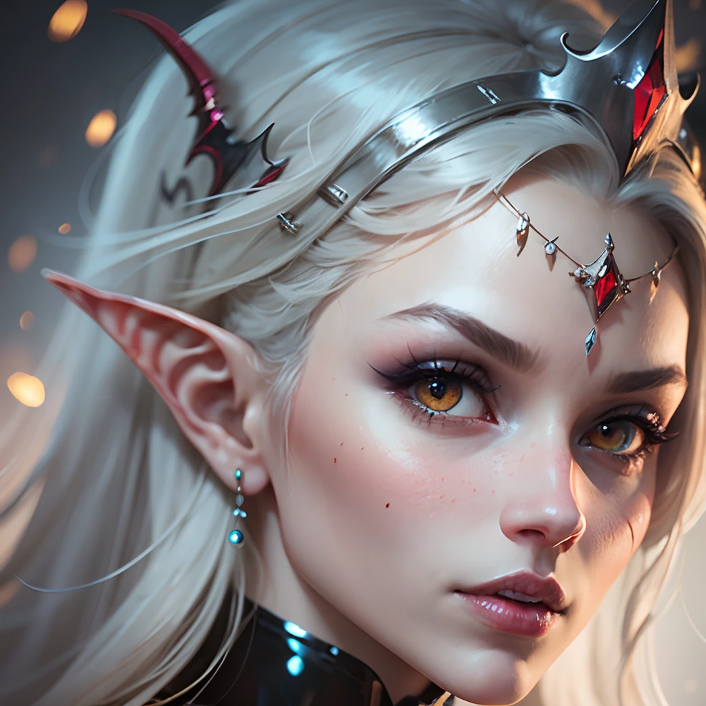 portrait of a classy red skin night demon elf woman and lightly glowing eyes with an elaborate elegant silver multilayered latex high-neck outfit, with a crown, queen, cgsociety, photorealistic, sublime, cool, 16k, smooth, sharp focus, trending on ArtStation, volumetric lighting --auto --s2