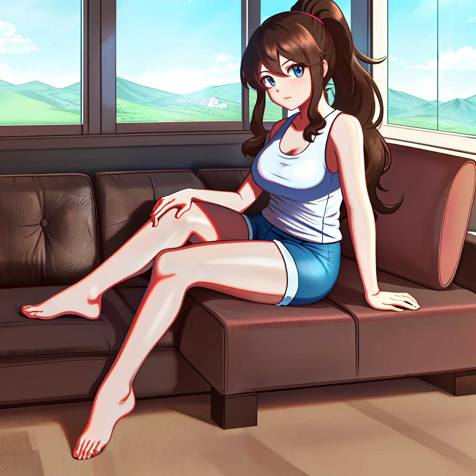 [hilda_(Pokemon)], ((High quality)), ((HD)), ((detailed shading)), ((beautiful solo portrait)), ((front view)), ((full body)), ((anime girl)), ((intricate details)), {attractive, (brown hair), (long ponytail), (beautiful blue eyes), (expressionless), beautiful feet, beautiful legs, beautiful lips}, {(white tank top), (pink lounge shorts)}, {(sitting on couch)}, [background; (living room), (window), (sunny blue sky)]