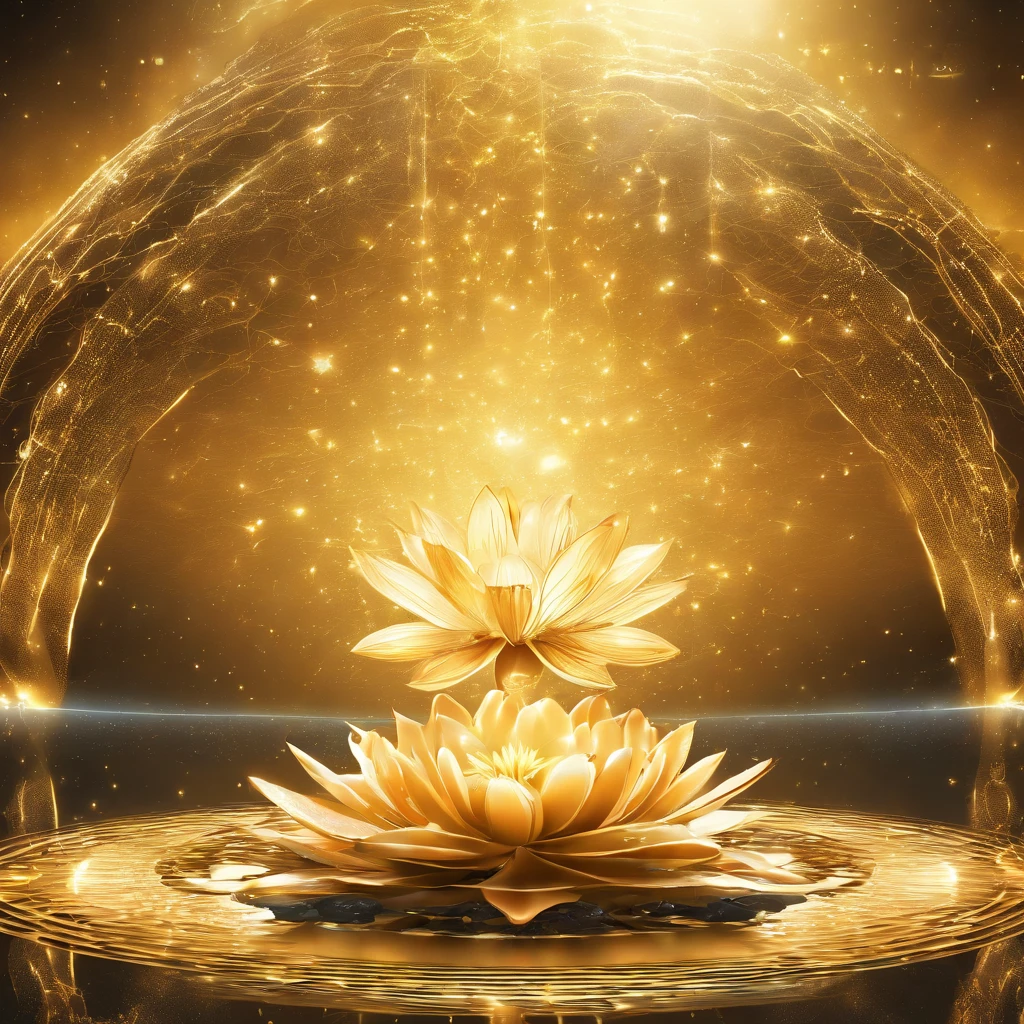 A golden water lily, lotus petals, radiating golden light, Lotus, with lotus flowers, glowing golden aura, a golden halo, soft golden light, glowing delicate flower, lotuses, gold ethereal light, gold flowers, sitting on a lotus flower, gilded lotus princess, Golden glow, Golden light, golden background with flowers, (extremely detailed CG unity 16k wallpaper:1.1), (Denoising strength: 1.45), (tmasterpiece:1.37), ray tracing, god rays, UHD, award winning