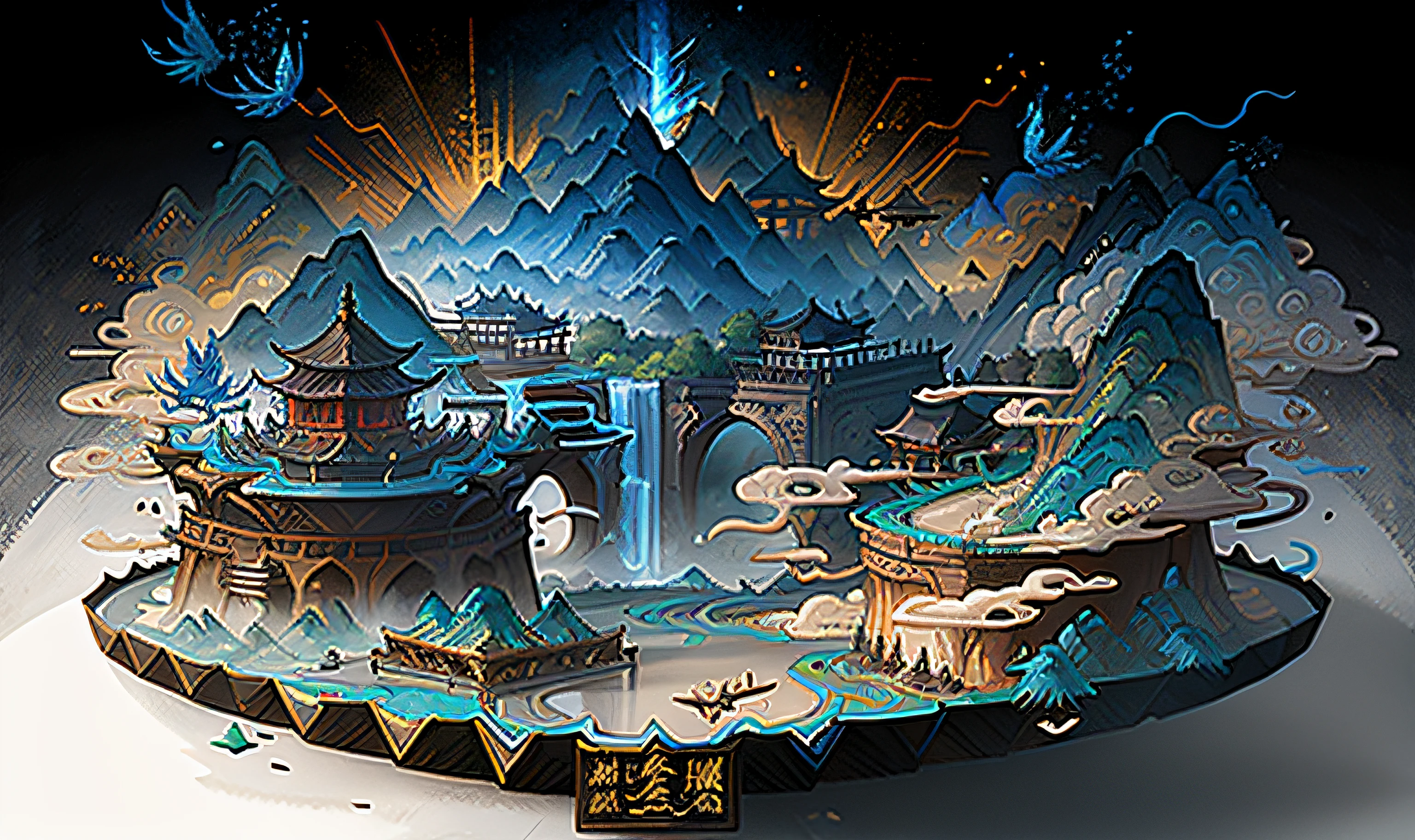 Ancient Chinese landscapes,Eight characters,mountain ranges,rios,Auspicious clouds,rays of sunshine,tmasterpiece,super detailing,Epic composition,hyper HD,high qulity,extremely detaile,offcial art,Unity8k wallpapers,super detailing,32k -- v 6