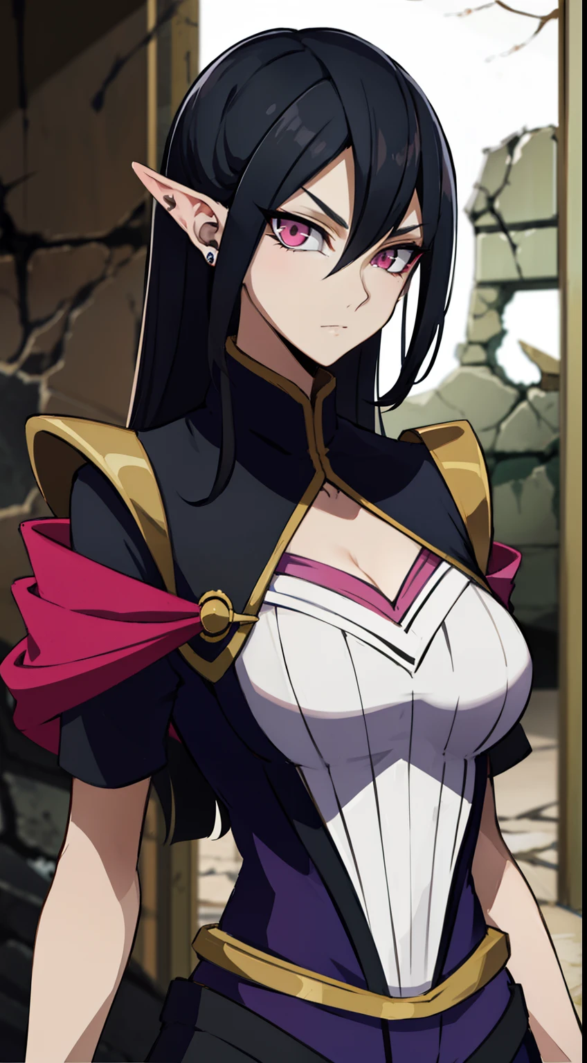 masterpiece, best quality,Gloria Tyler, black hair, pink eyes,elve ear, serious, long hair, large breasts,ninja outfit, (ruins), looking at viewer,